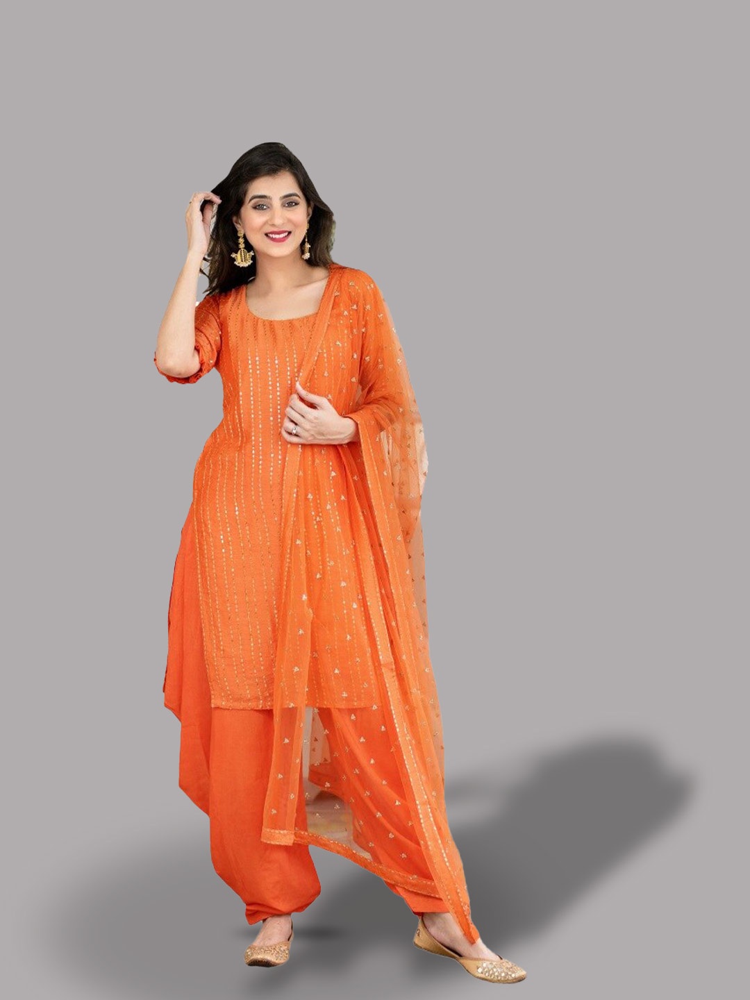 Fashion Basket Embellished Pure Silk Semi-Stitched Dress Material, Orange