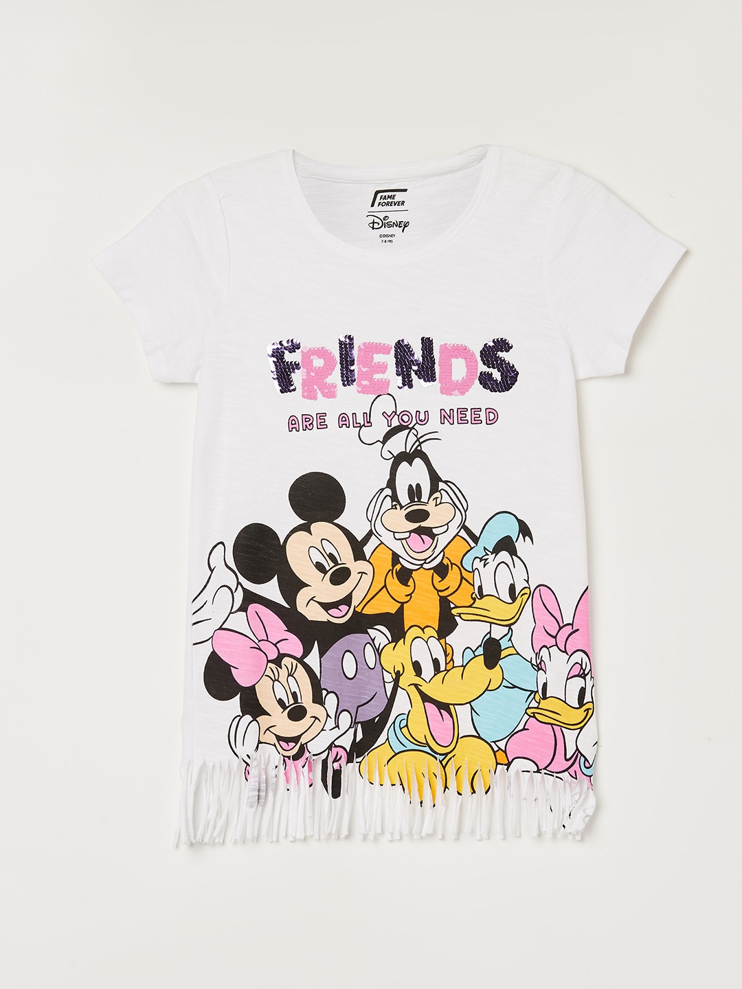 Fame Forever by Lifestyle Girls Mickey & Friends Printed Pure Cotton Fringed T-shirt, White
Fame Forever by Lifestyle Girls Mickey & Friends Printed Pure Cotton Fringed T-shirt, White