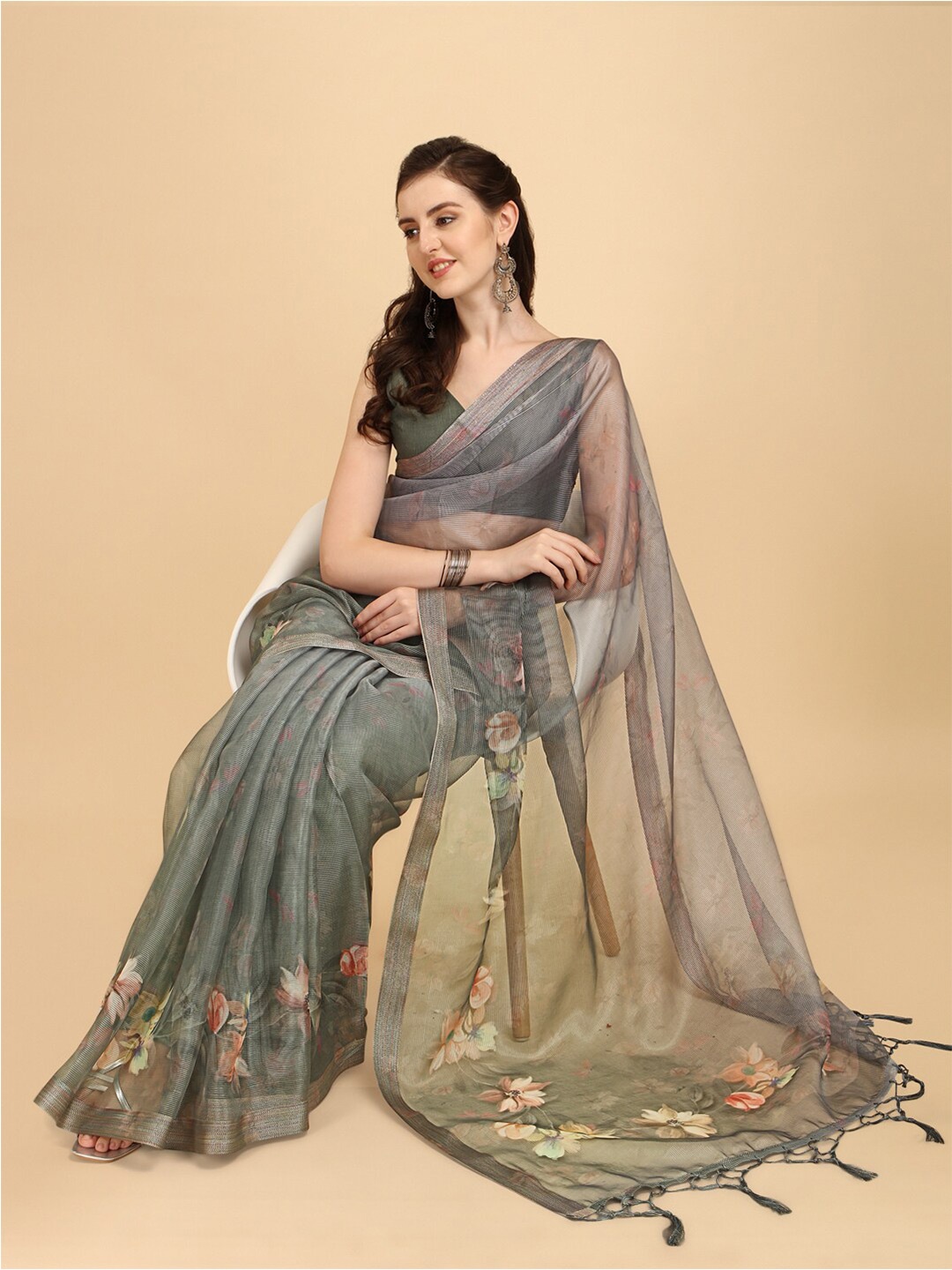 Sangria Floral Printed Organza Saree, Green