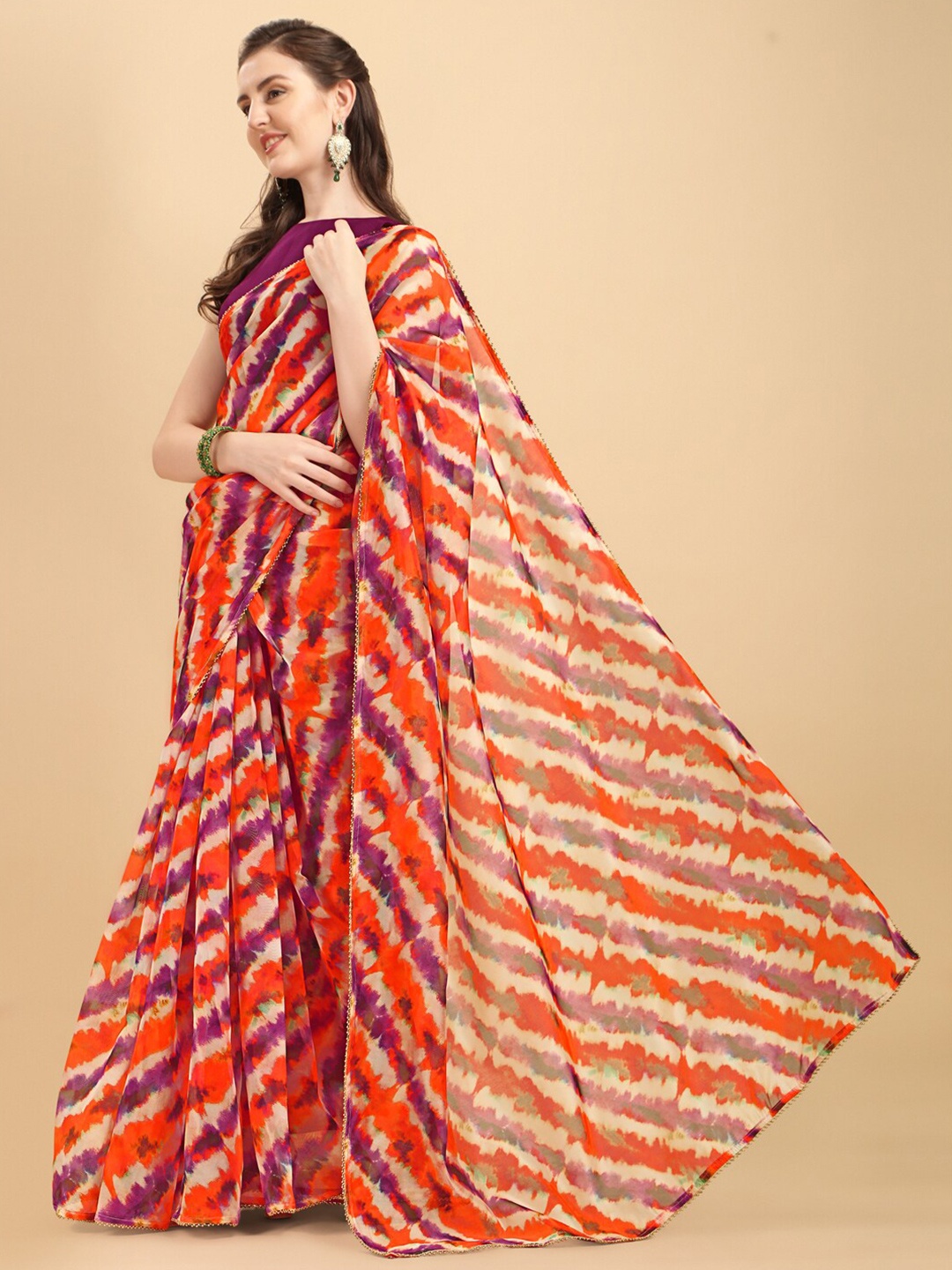 Sangria Leheriya Printed Organza Saree, Orange
