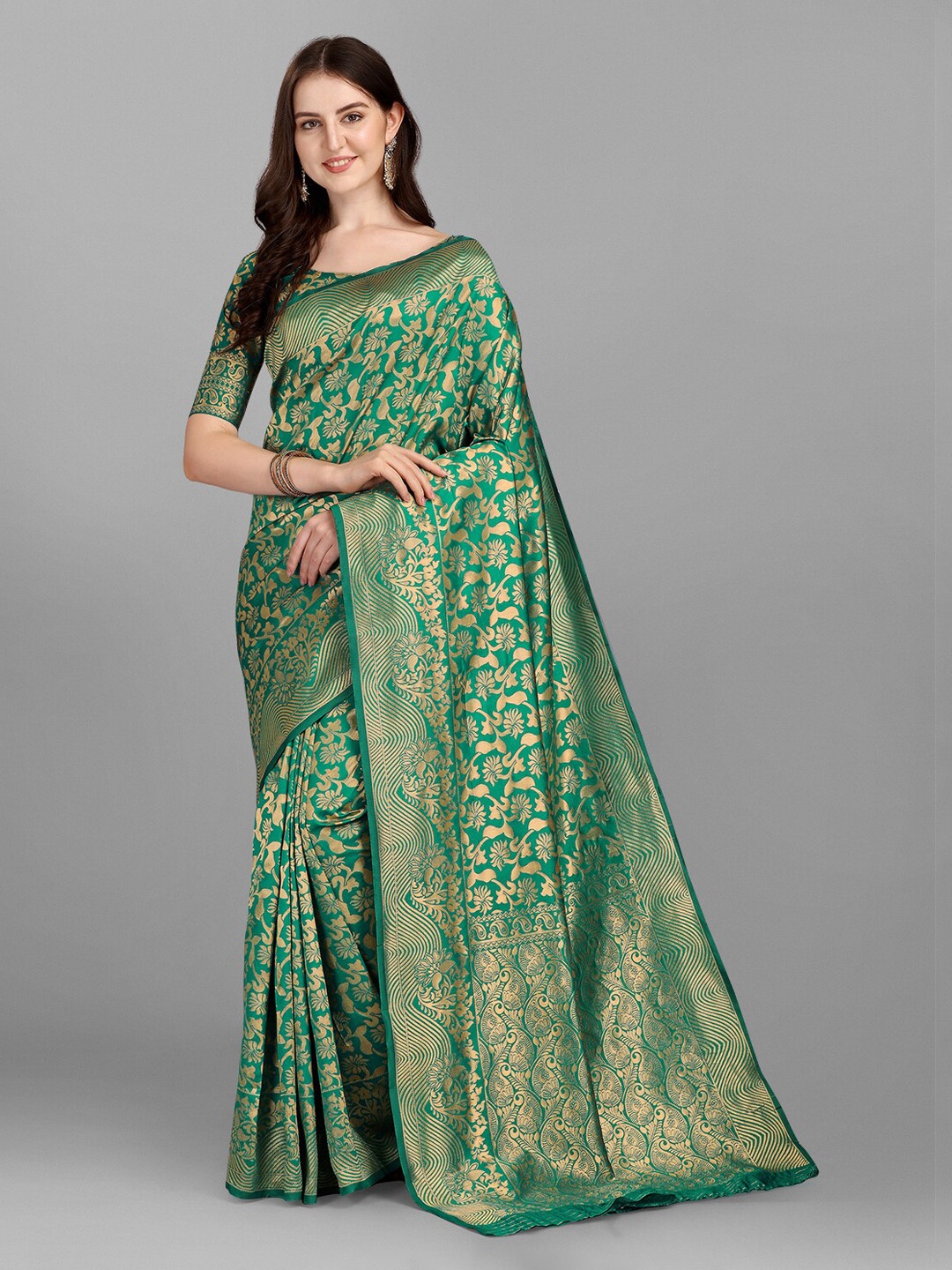 Fashion Basket Floral Woven Design Silk Blend Saree, Green