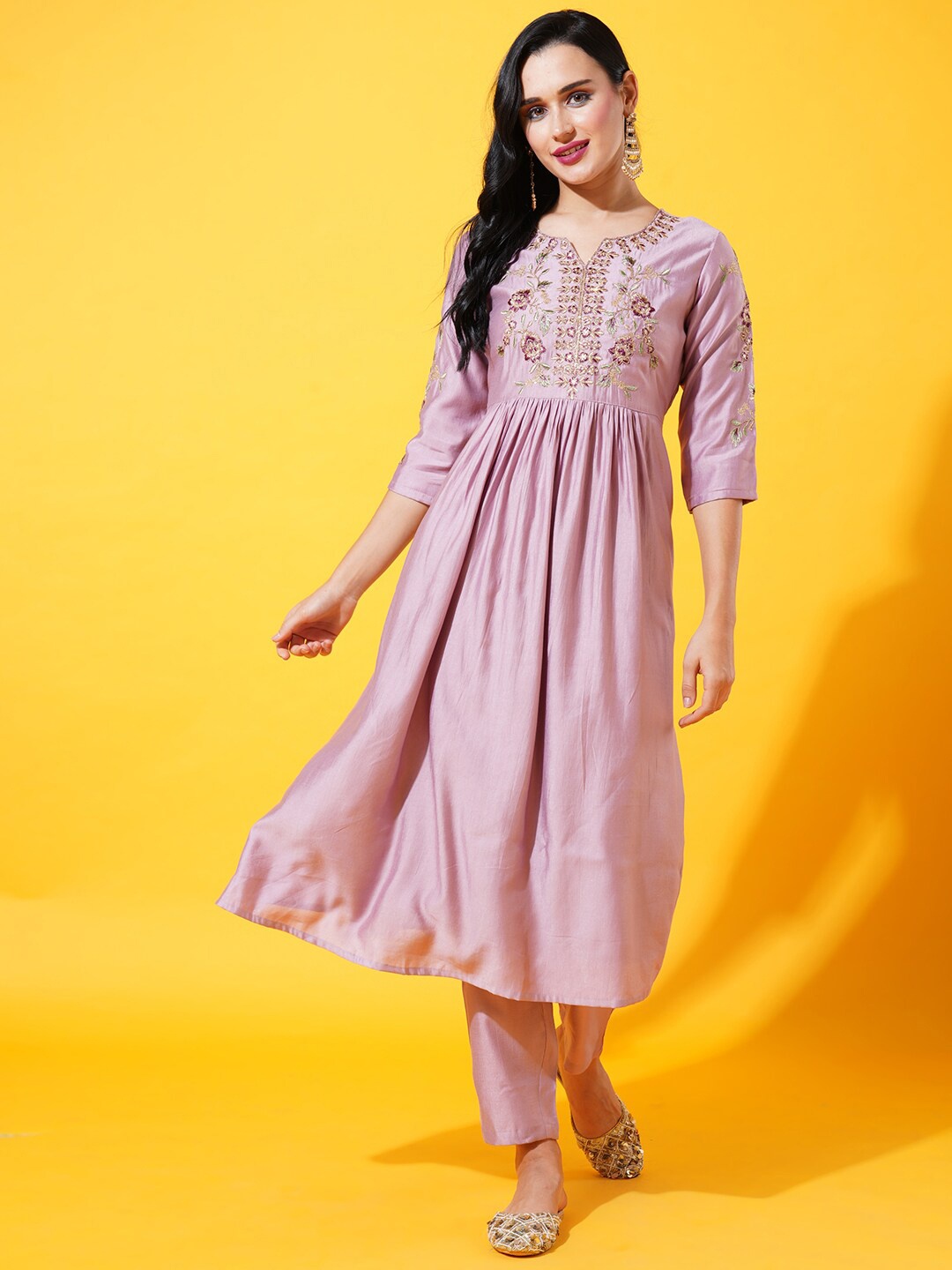 HEEPOSH Embroidered A-line Kurta With Trousers & Dupatta, Pink