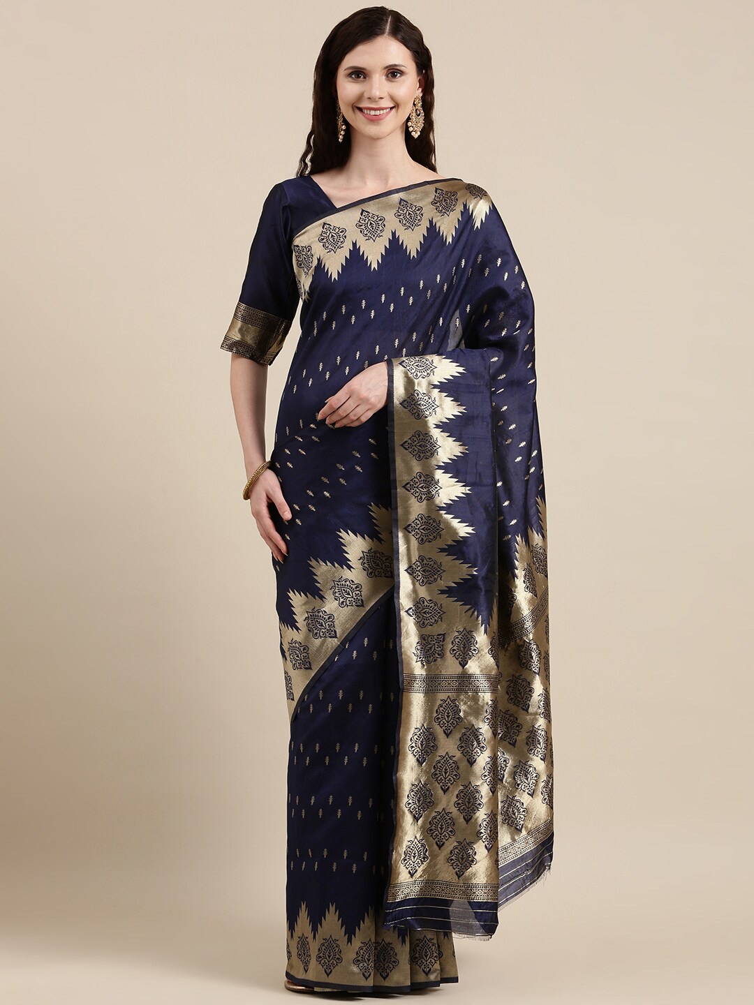 VAIRAGEE Ethnic Motifs Woven Design Zari Silk Blend Banarasi Saree, Navy blue