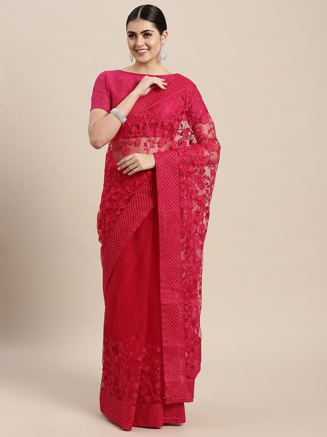 VAIRAGEE Pink Floral Embroidered Net Saree