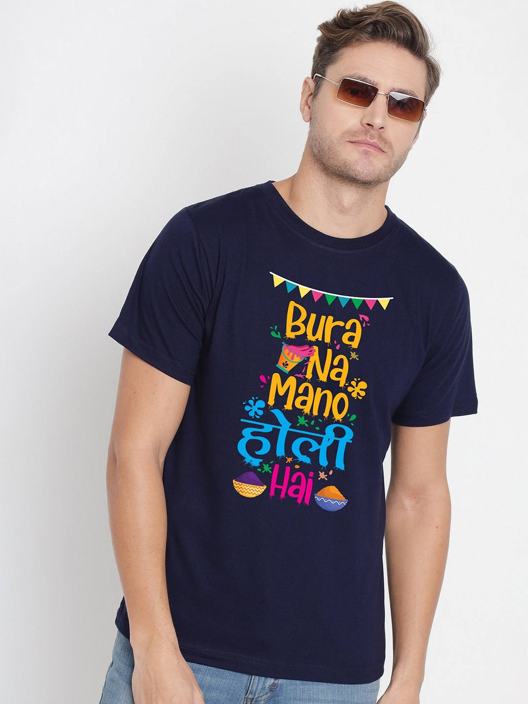 FFLIRTYGO Men Typography Printed Pure Cotton T-shirt, Navy blue