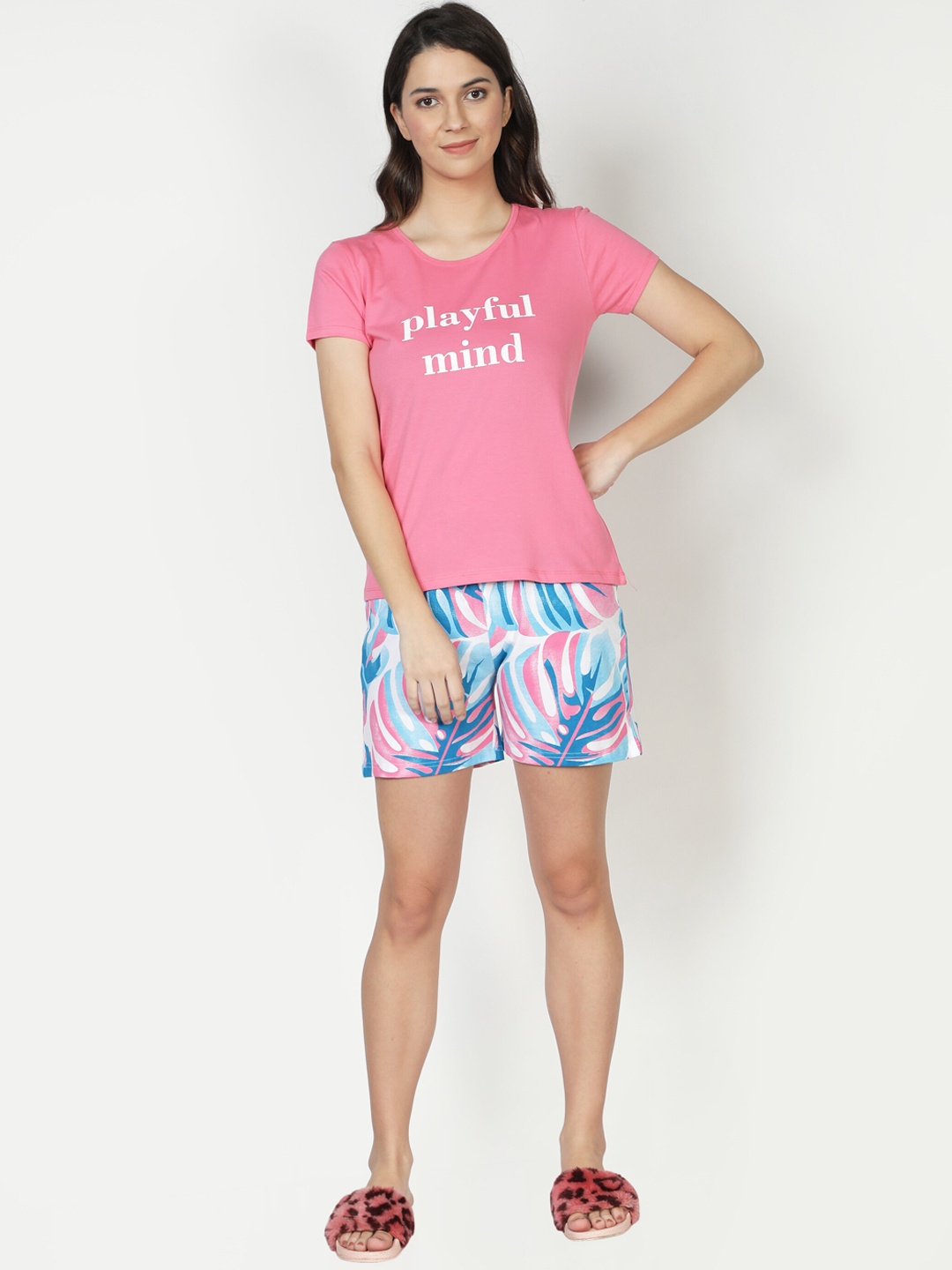 CLUB A9 Women Typography Printed Pure Cotton Night Suit, Pink