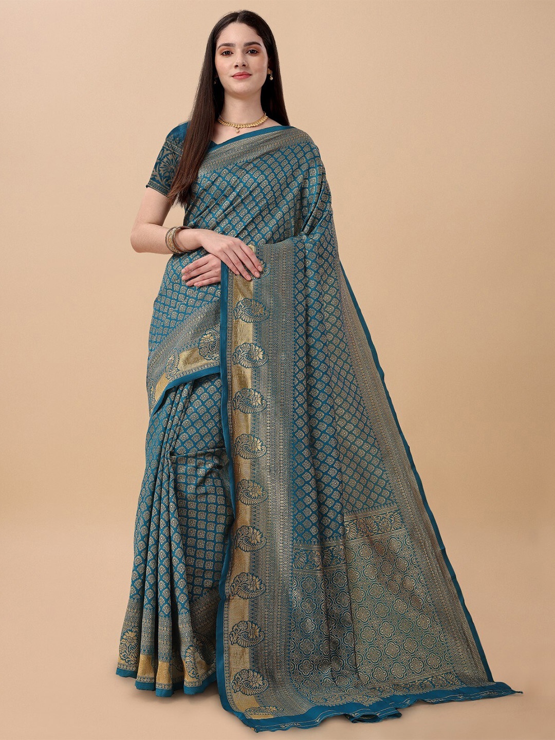 TEREZA Woven Design Zari Pure Silk Kanjeevaram Saree, Teal