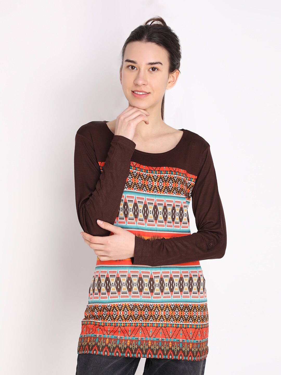 HANG N HOLD Tribal Printed LonglineTop, Brown