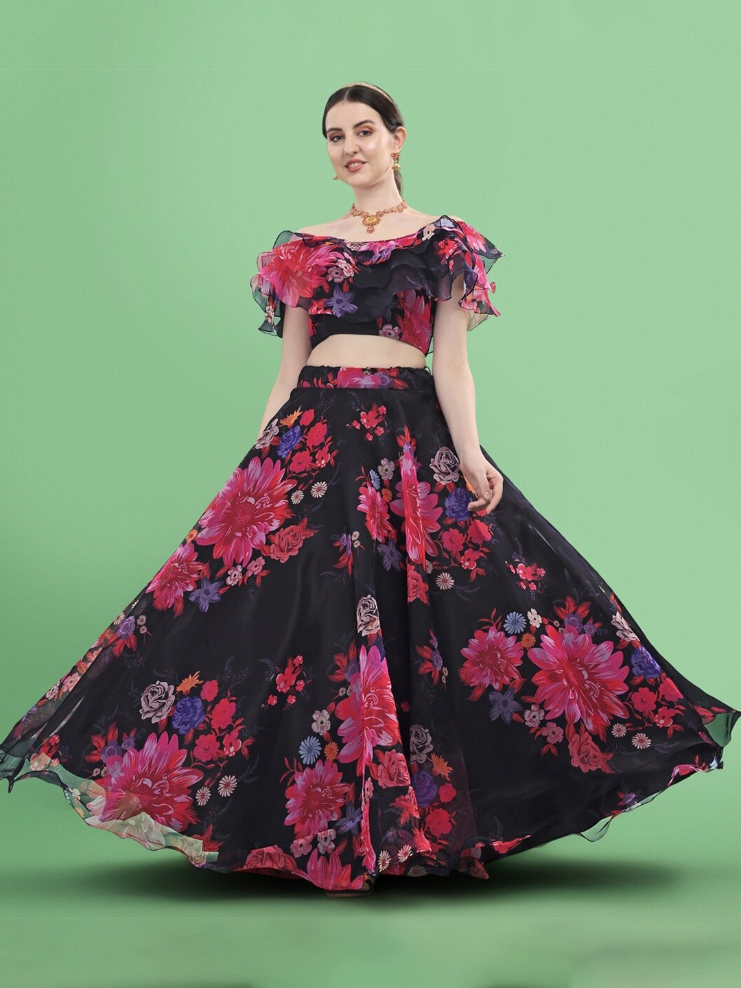 Fashion Basket Printed Semi-Stitched Lehenga & Unstitched Blouse, Blue