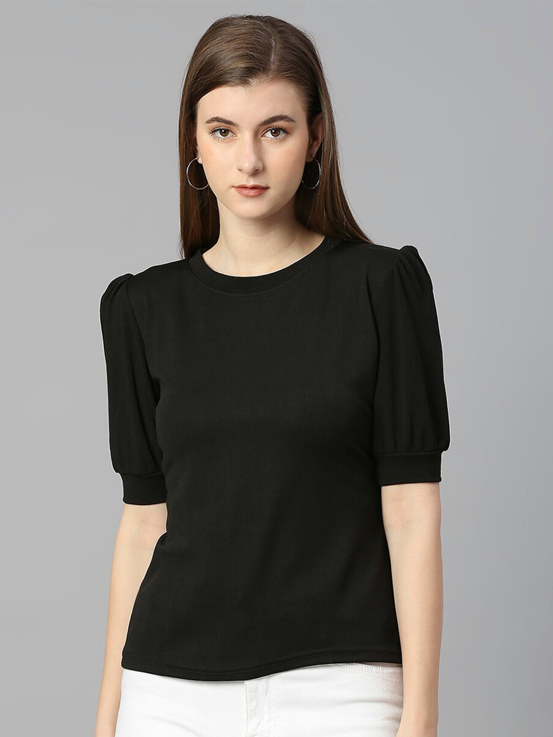 Ekta Textiles Round Neck Puff Sleeves Regular Top, Black