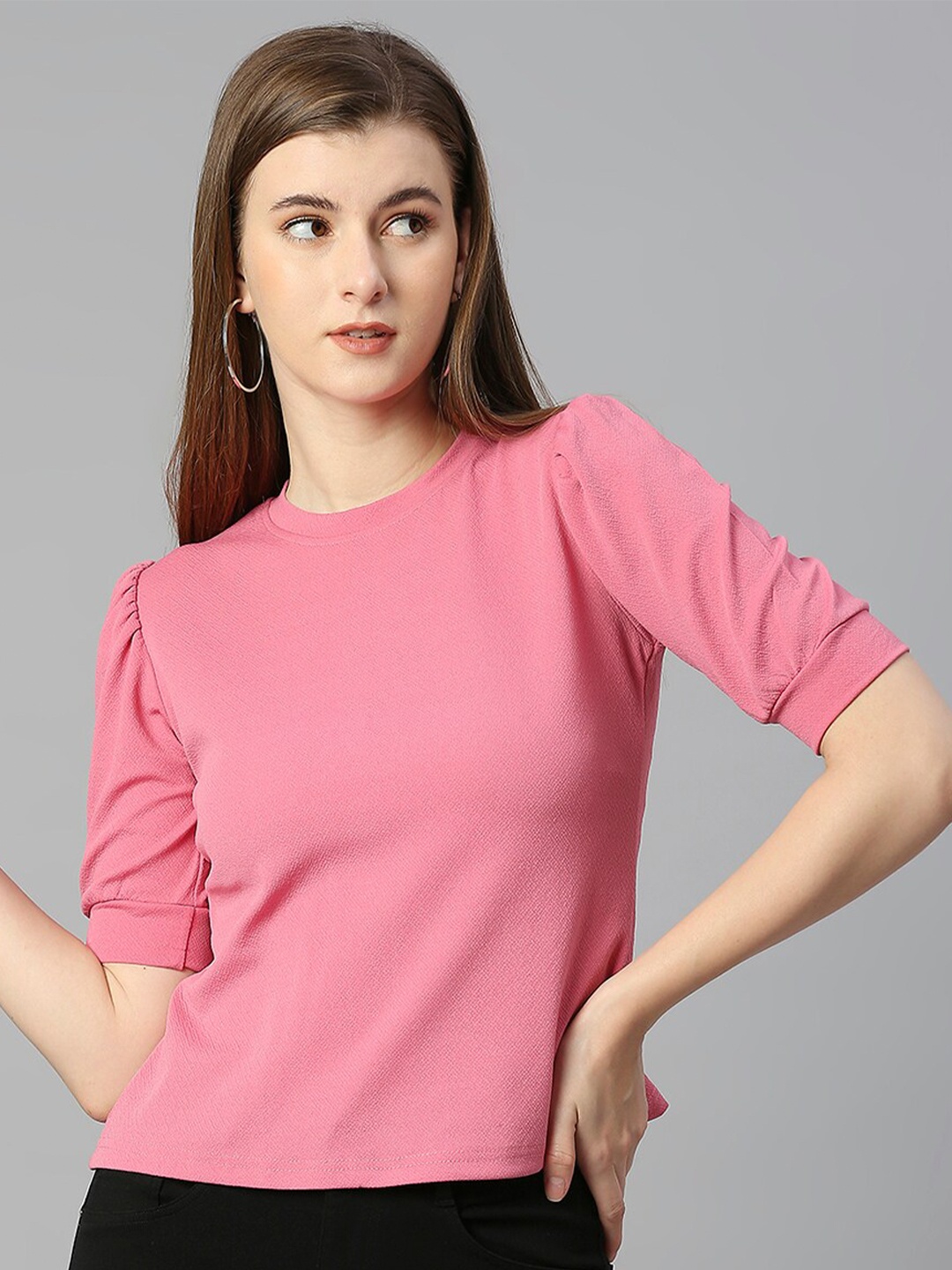 Ekta Textiles Round Neck Puff Sleeves Regular Top, Pink