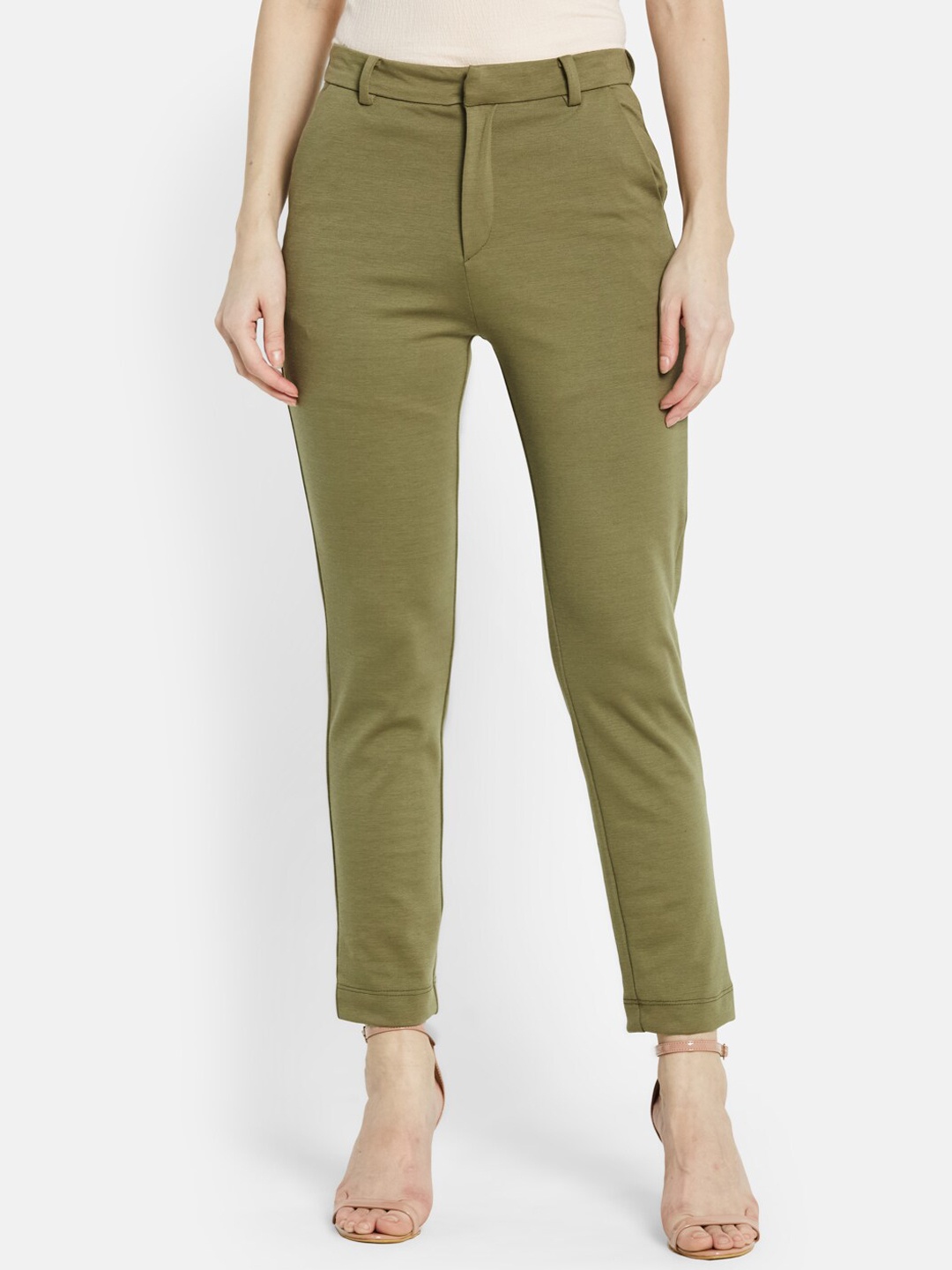 UNMADE Women Straight Fit Easy Wash Trousers, Khaki