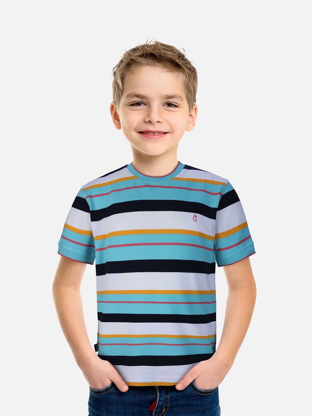 Gini and Jony Boys Striped Round Neck Cotton T-shirt, Turquoise blue