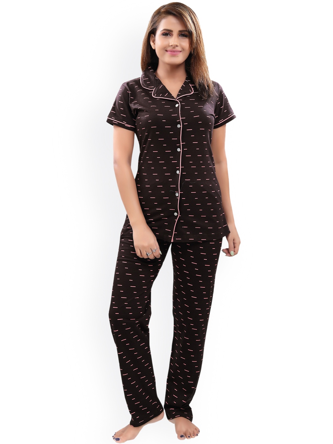 Shiv Textiles Women Striped Pure Cotton Night Suit, Purple