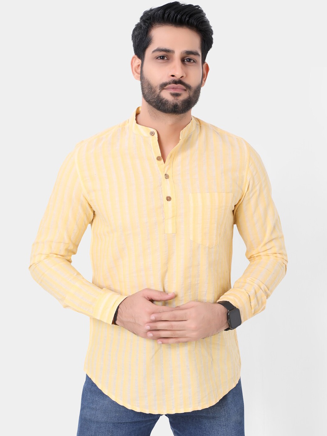 VASTRADO Men Striped Cotton Kurta, Yellow