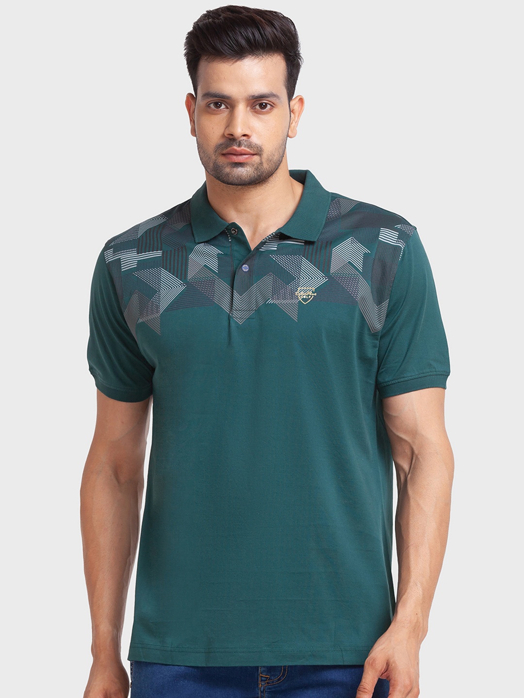 ColorPlus Men Printed Polo Collar Cotton T-shirt, Teal