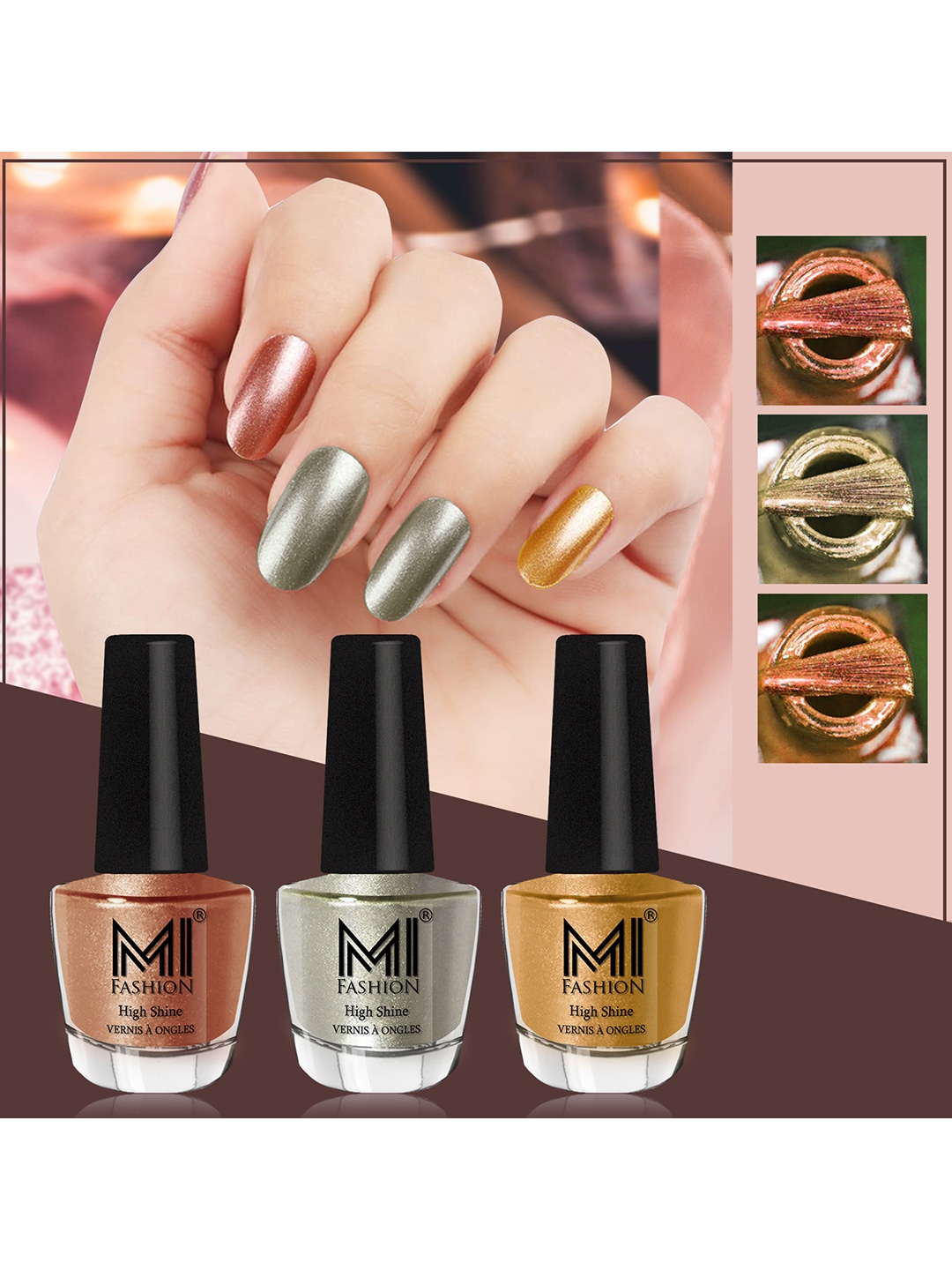 MI FASHION Set Of 3 High Shine Long Lasting Shimmer Nail Paint - 12ml Each, Brown
MI FASHION Set Of 3 High Shine Long Lasting Shimmer Nail Paint - 12ml Each, Brown