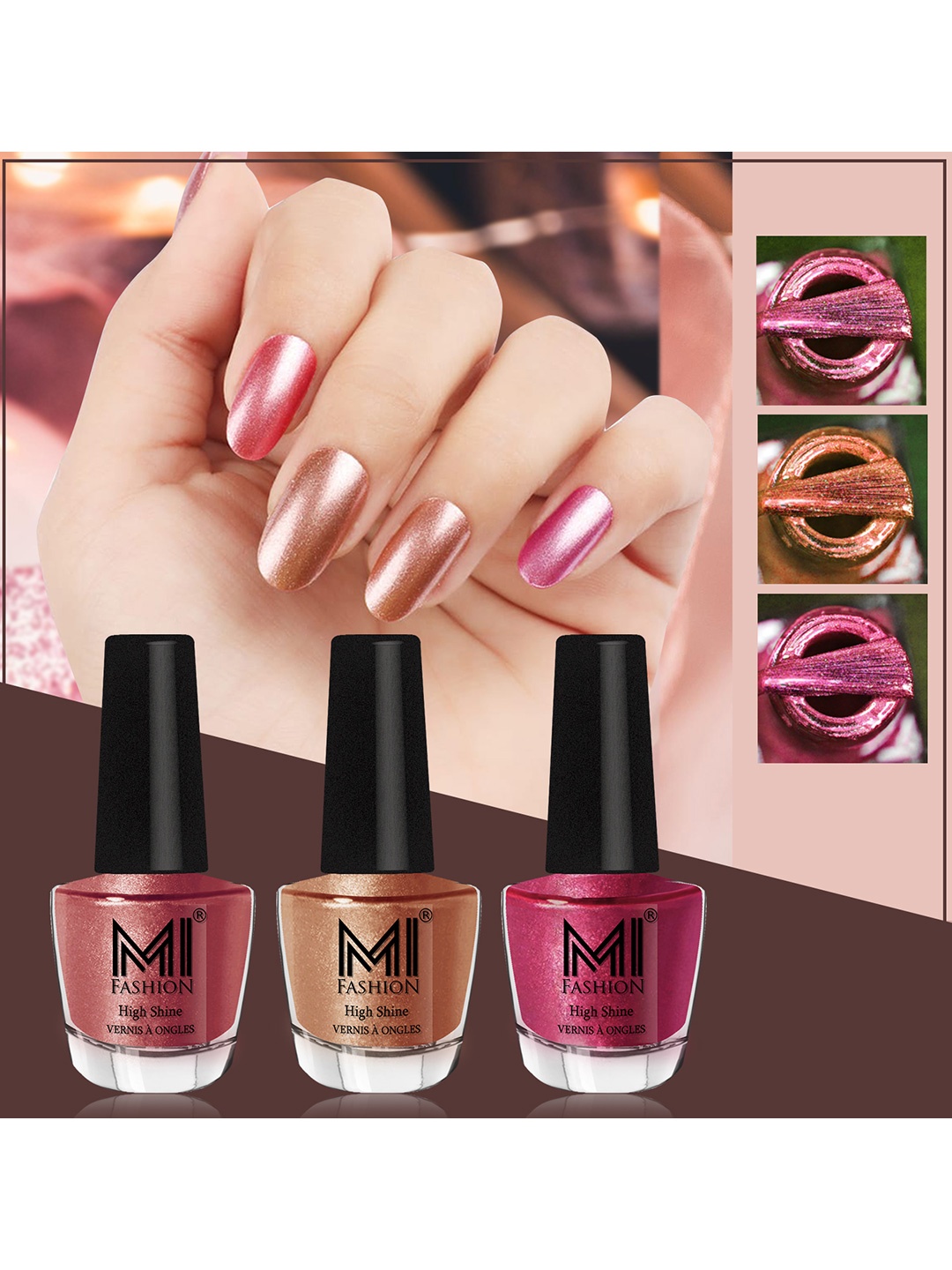 MI FASHION Set Of 3 High Shine Long Lasting Shimmer Nail Paint - 12ml Each, Pink
MI FASHION Set Of 3 High Shine Long Lasting Shimmer Nail Paint - 12ml Each, Pink