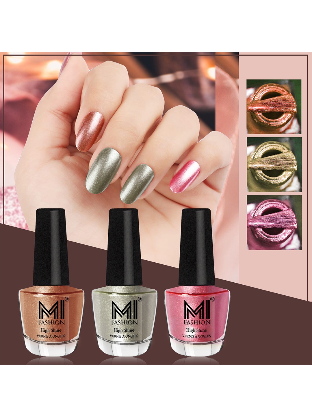 MI FASHION Set of 3 High Shine Long-Lasting Nail Lacquer 12 ml Each - Bronze Magnetic 62 - Metallic Green 67 - Metallic Pink 47
MI FASHION Set of 3 High Shine Long-Lasting Nail Lacquer 12 ml Each - Bronze Magnetic 62 - Metallic Green 67 - Metallic Pink 47