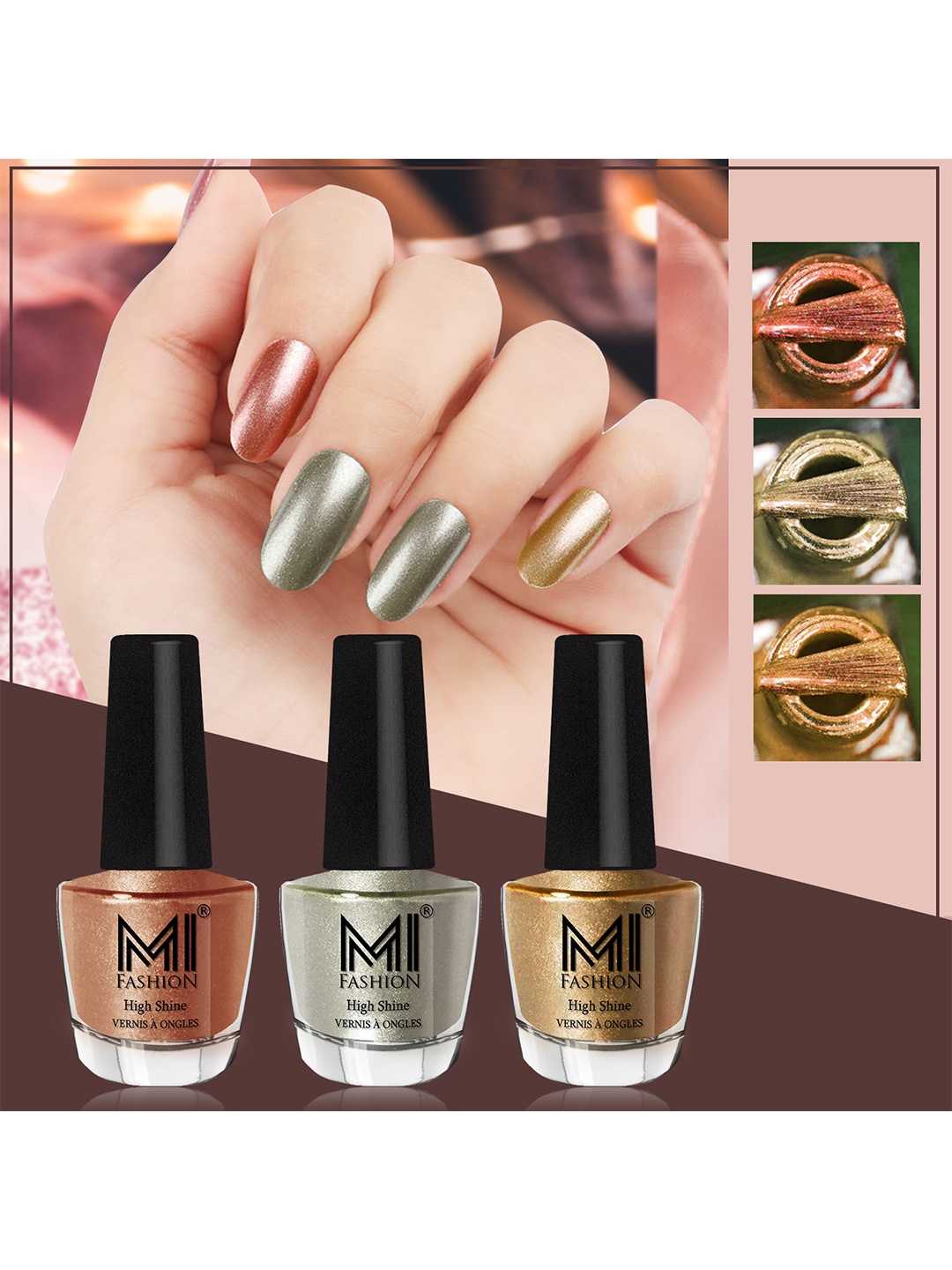 MI FASHION Set of 3 High Shine Long-Lasting Nail Lacquer 12 ml Each - Bronze Magnetic 62 - Metallic Green 67 - Golden 43
MI FASHION Set of 3 High Shine Long-Lasting Nail Lacquer 12 ml Each - Bronze Magnetic 62 - Metallic Green 67 - Golden 43
