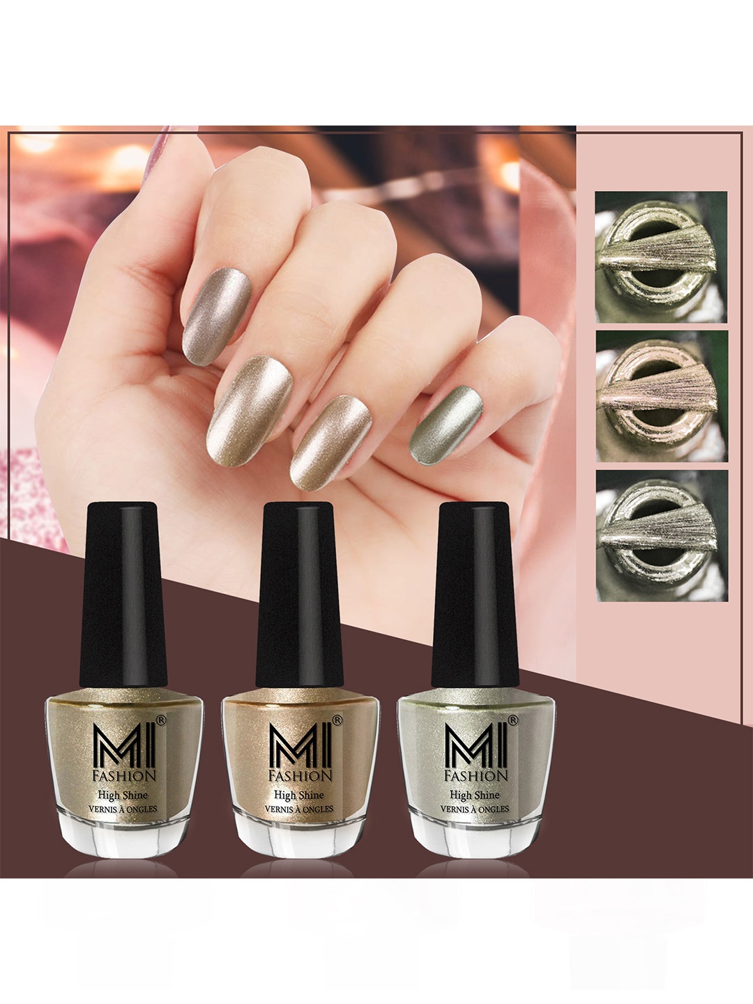 MI FASHION Set of 3 High Shine Long-Lasting Nail Lacquer 12 ml Each - Ginger Rust 12 - Light Golden 13 - Metallic Green 67
MI FASHION Set of 3 High Shine Long-Lasting Nail Lacquer 12 ml Each - Ginger Rust 12 - Light Golden 13 - Metallic Green 67