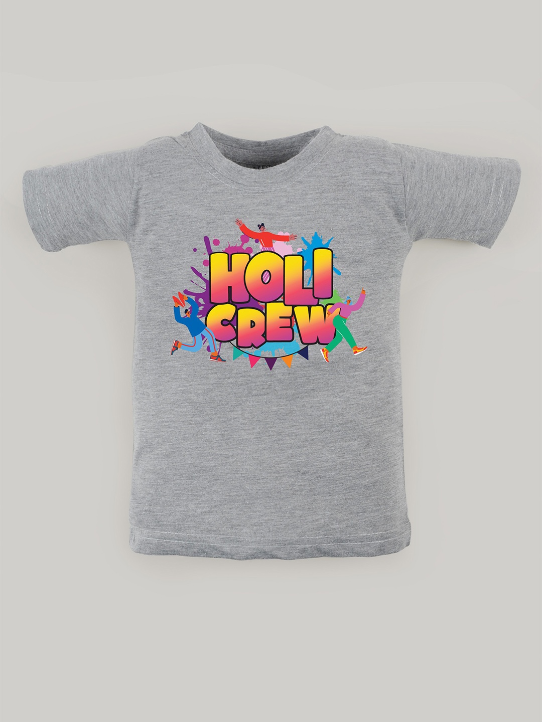 FFLIRTYGO Kids Holi Printed Pure Cotton T-shirt, Grey melange