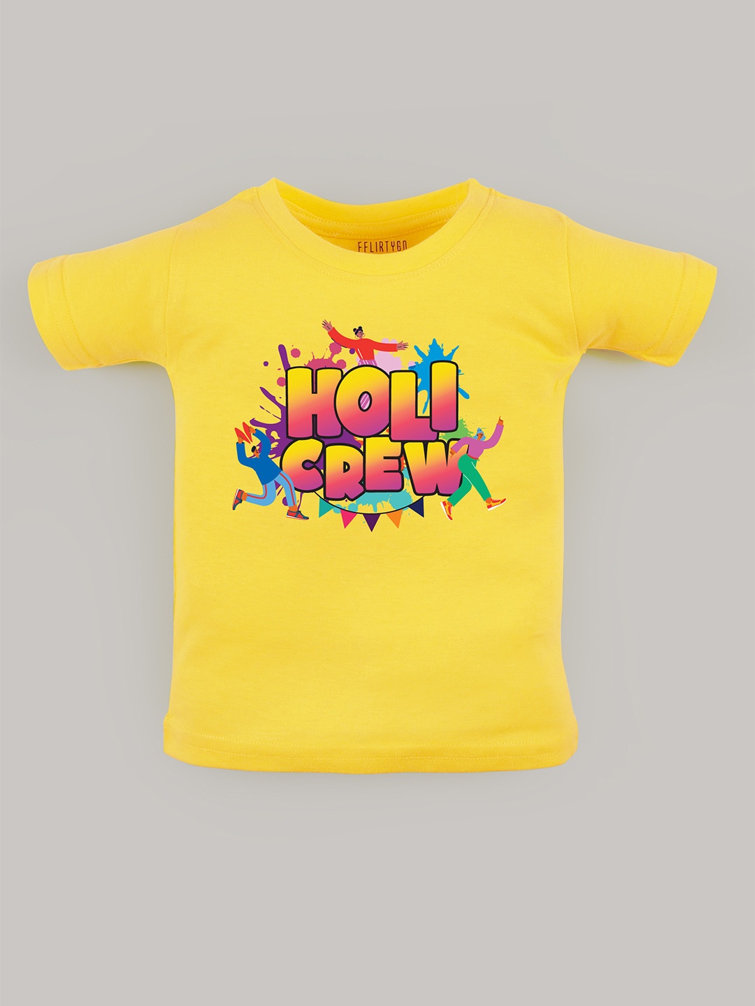 FFLIRTYGO Kids Holi Printed Pure Cotton T-shirt, Yellow