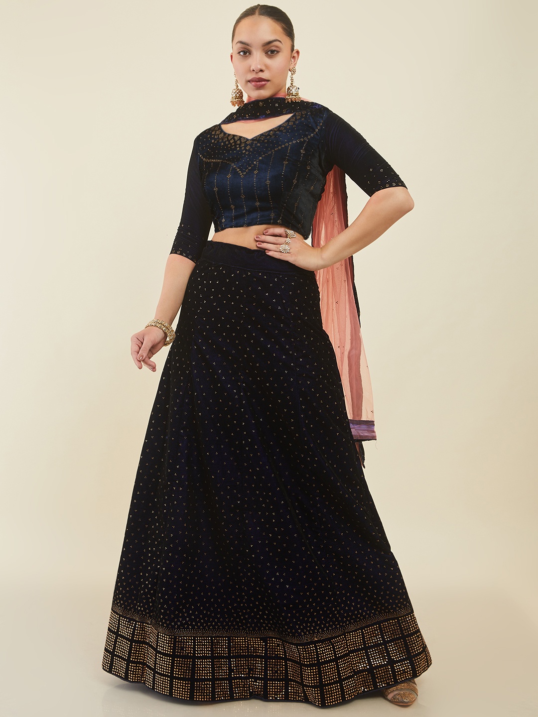 Soch Embellished Beads and Stones Unstitched Lehenga & Blouse With Dupatta, Navy blue
Soch Embellished Beads and Stones Unstitched Lehenga & Blouse With Dupatta, Navy blue