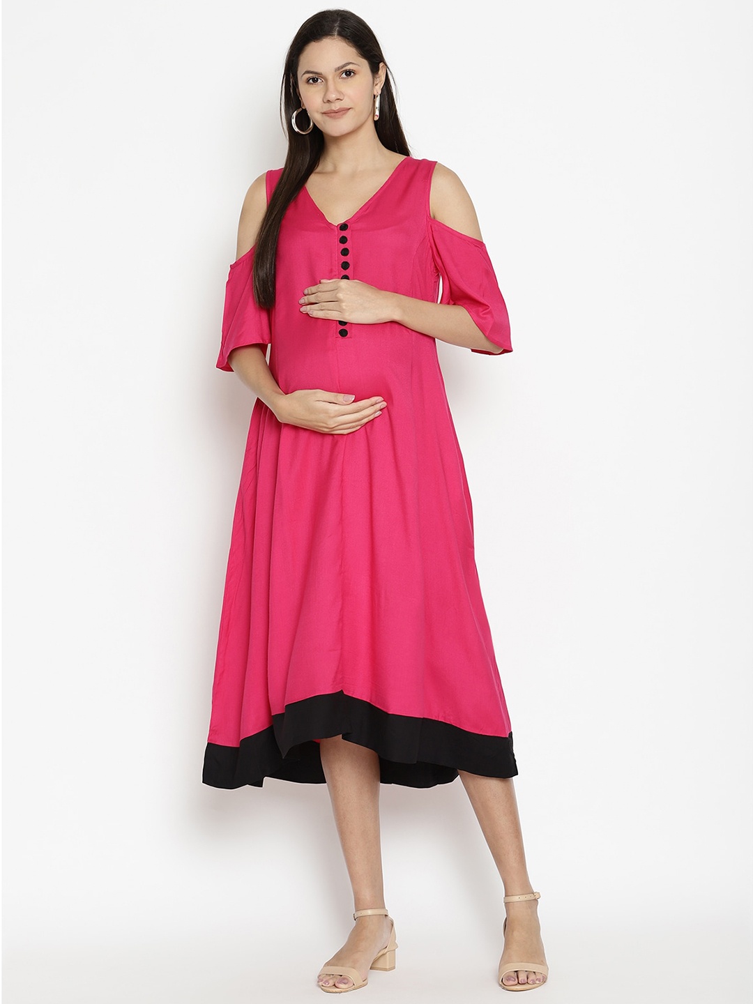 The Vanca Cold-Shoulder Sleeves Maternity Midi Dress, Pink