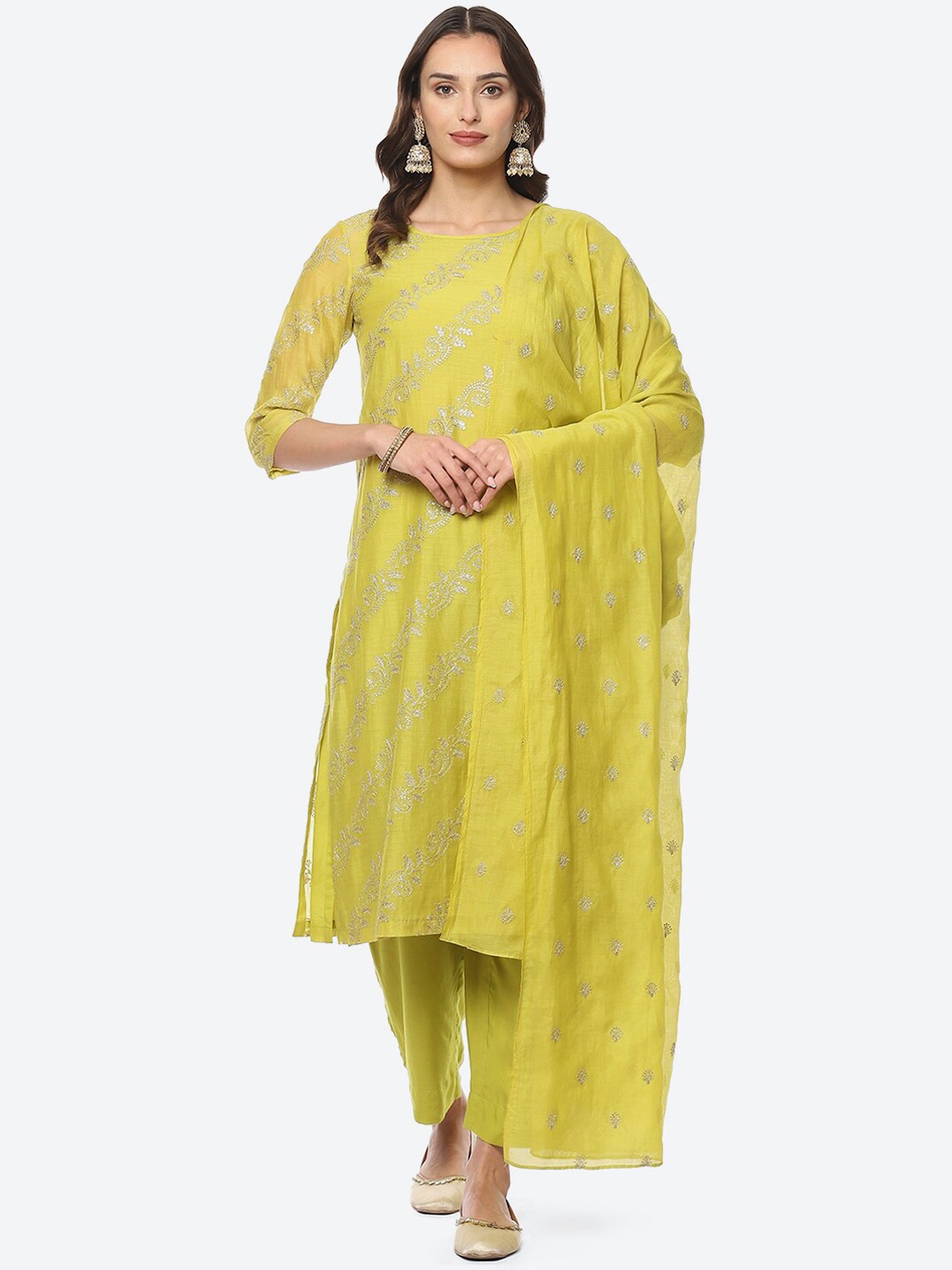 Biba Plus size Floral Embroidered Sequinned Chanderi Silk Kurta With Palazzos & Dupatta, Fluorescent green
Biba Plus size Floral Embroidered Sequinned Chanderi Silk Kurta With Palazzos & Dupatta, Fluorescent green