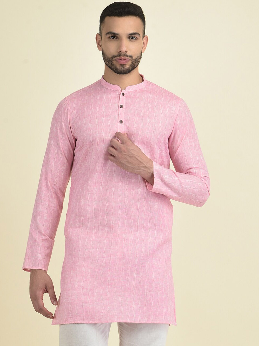 Anouk Men Mandarin Collar Woven Design Kurta With Pyjamas, Pink