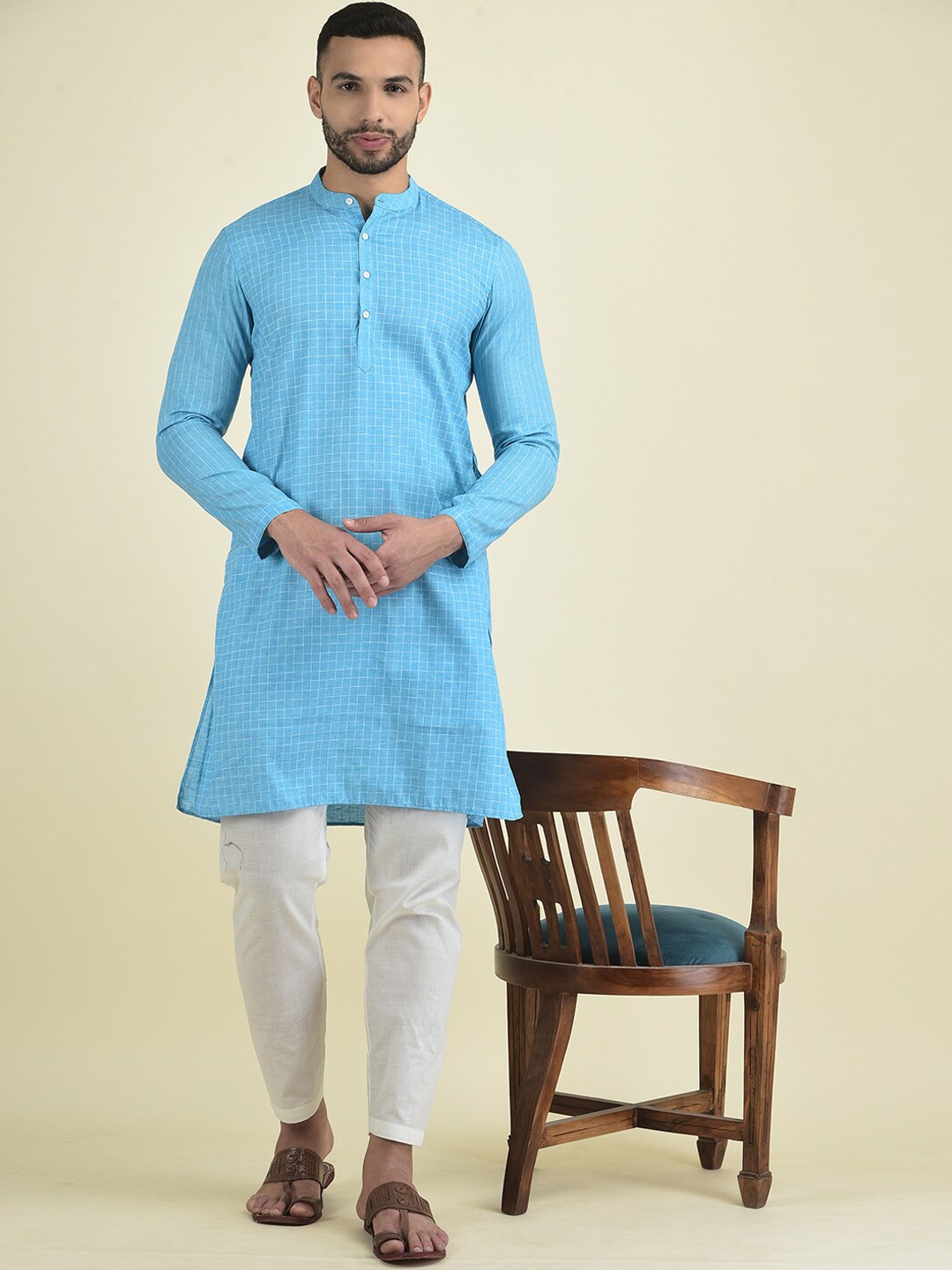 Anouk Mandarin Collar Pure Cotton Kurta with Pyjamas, Blue