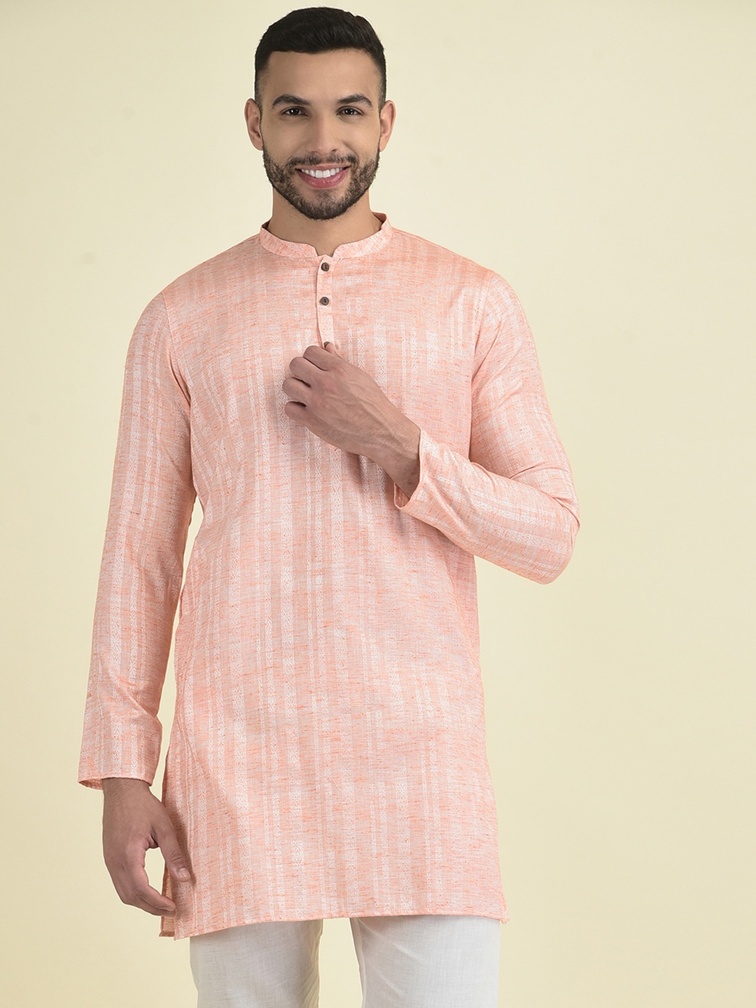 Anouk Men Striped Woven Design Jacquard Kurta, Orange
