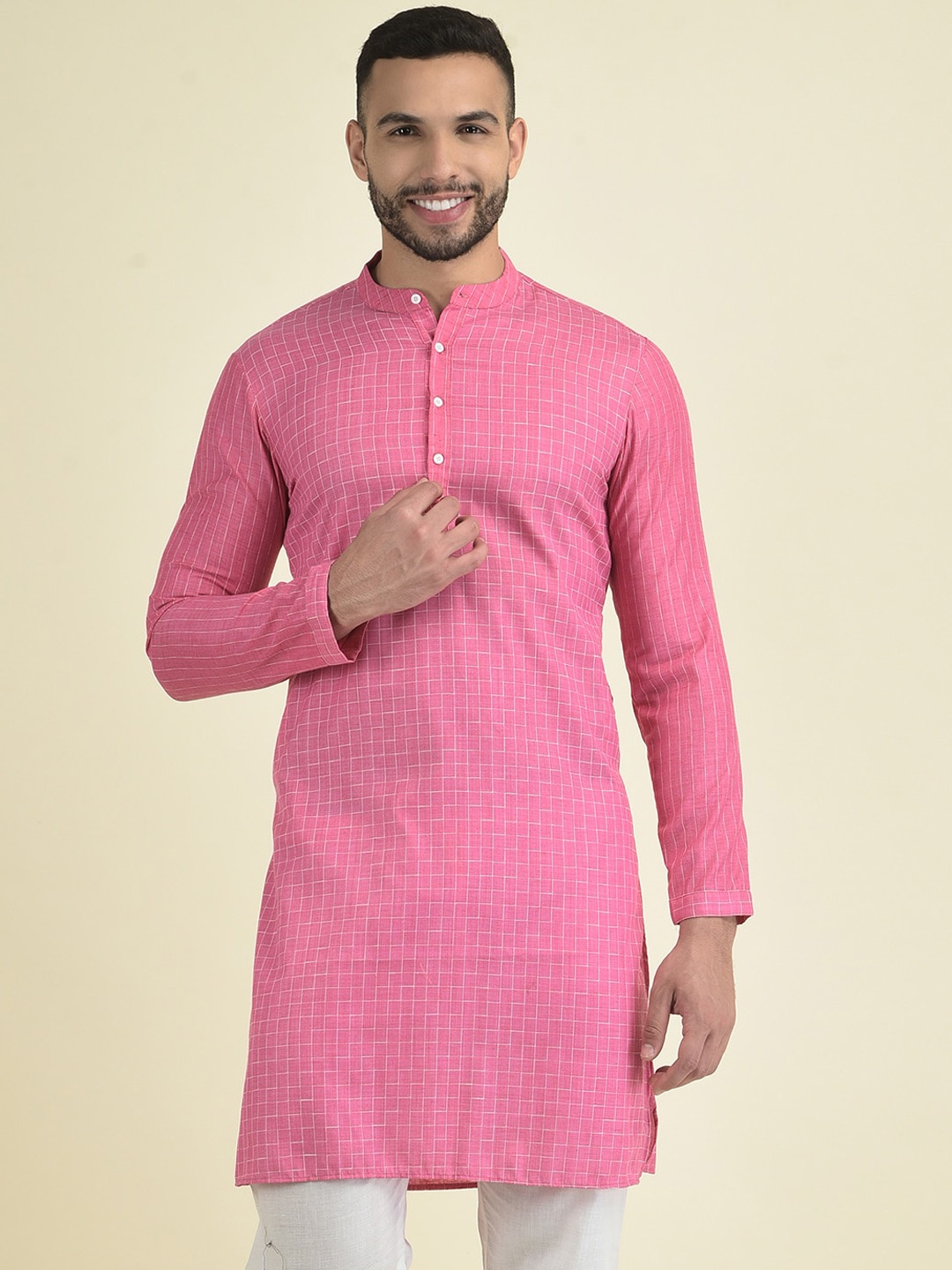 Anouk Men Woven Design Checked Jacquard Kurta, Pink