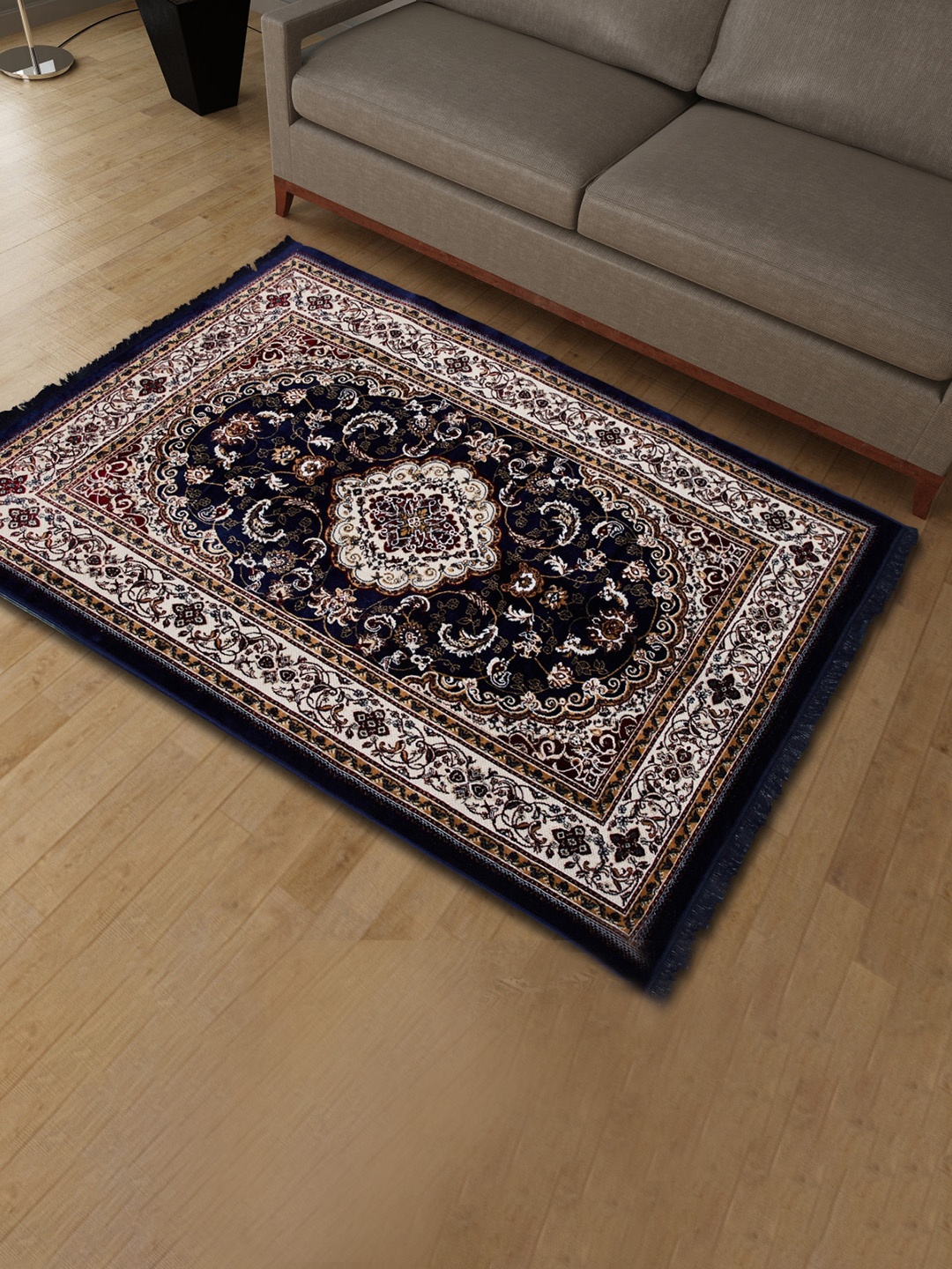 Home Centre Corsica Tapis Blue & Beige Woven Design Cotton Carpet