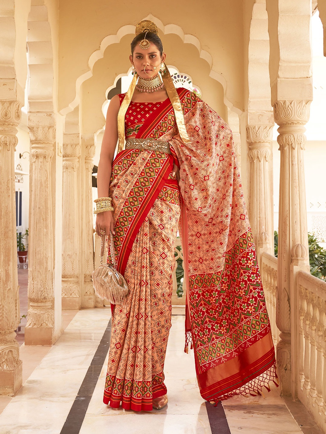 elora Ethnic Motifs Pure Silk Patola Saree, Peach