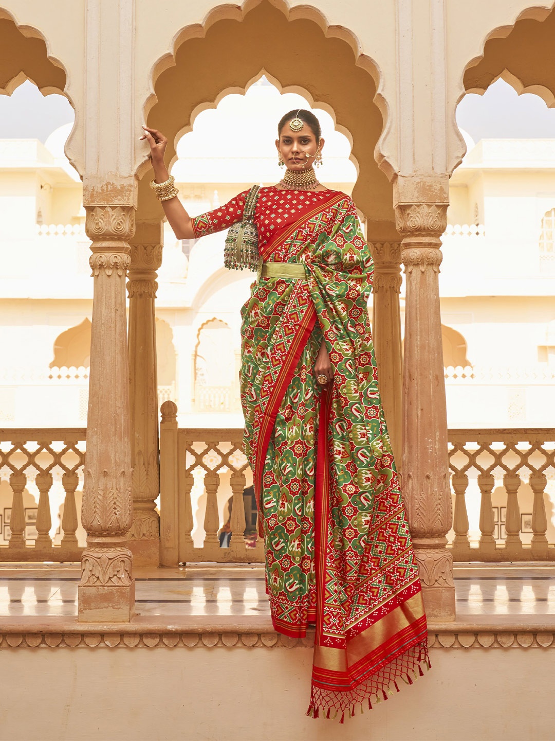 elora Floral Pure Silk Patola Saree, Green