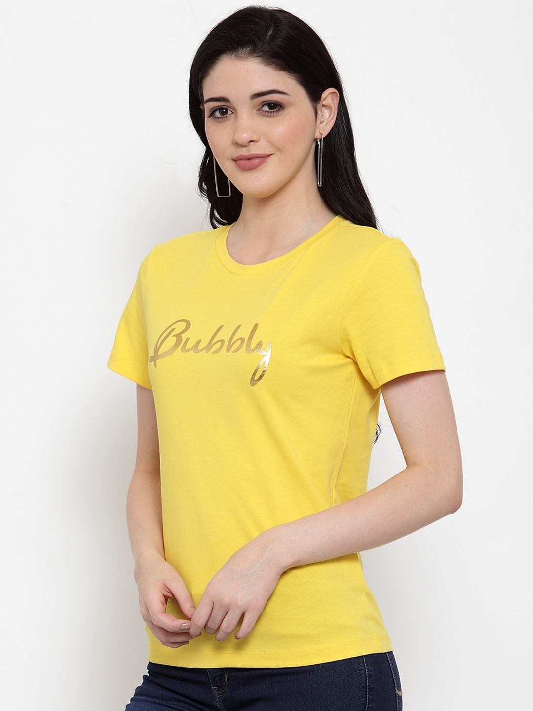DOOR74 Round Neck Typography Printed Cotton T-shirt, Yellow