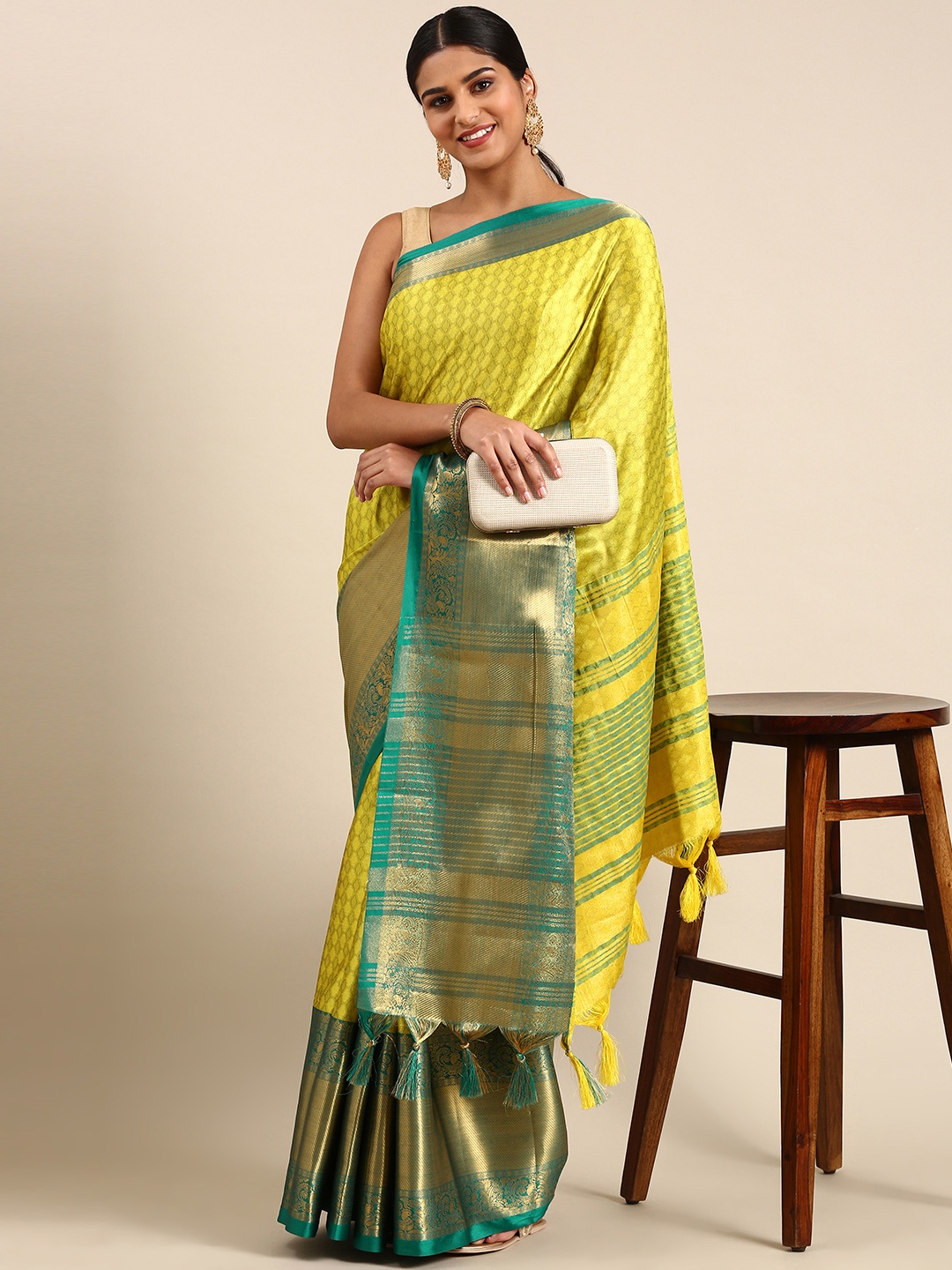 FASHDEAL Woven Design Zari Pure Cotton Saree, Yellow