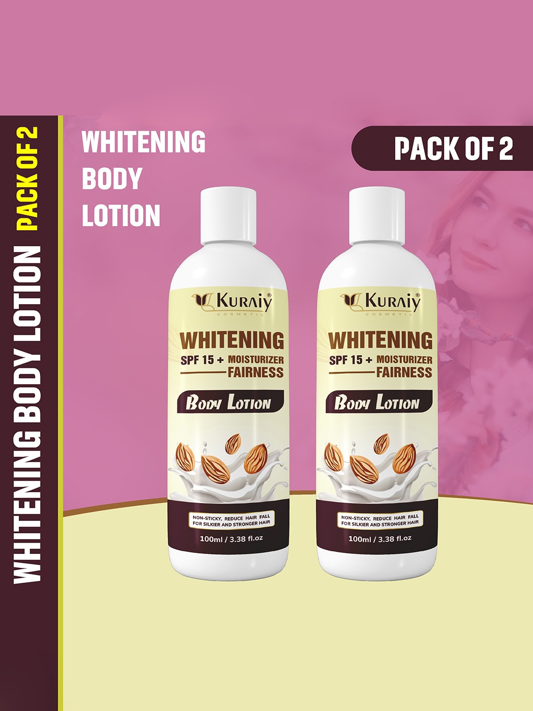 KURAIY Set of 2 Whitening SPF 15+ Fairness Almond Moisturizing Body Lotion 100 ml, Cream
KURAIY Set of 2 Whitening SPF 15+ Fairness Almond Moisturizing Body Lotion 100 ml, Cream