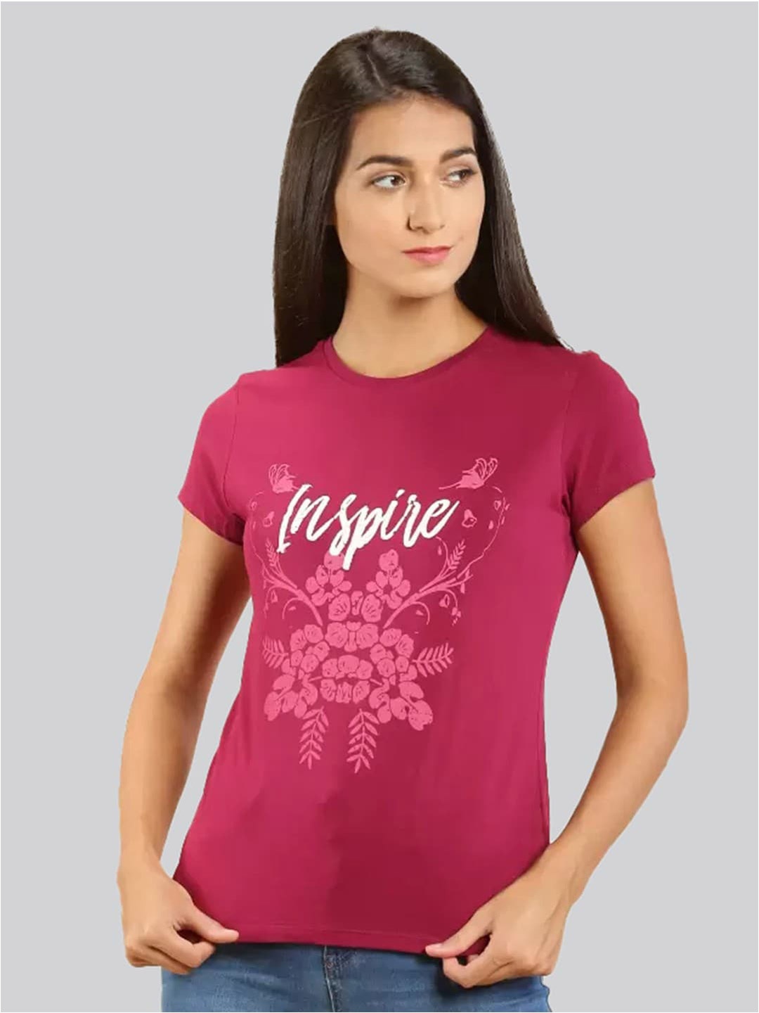 LYRA Women Floral Printed Round Neck Cotton T-shirt, Magenta