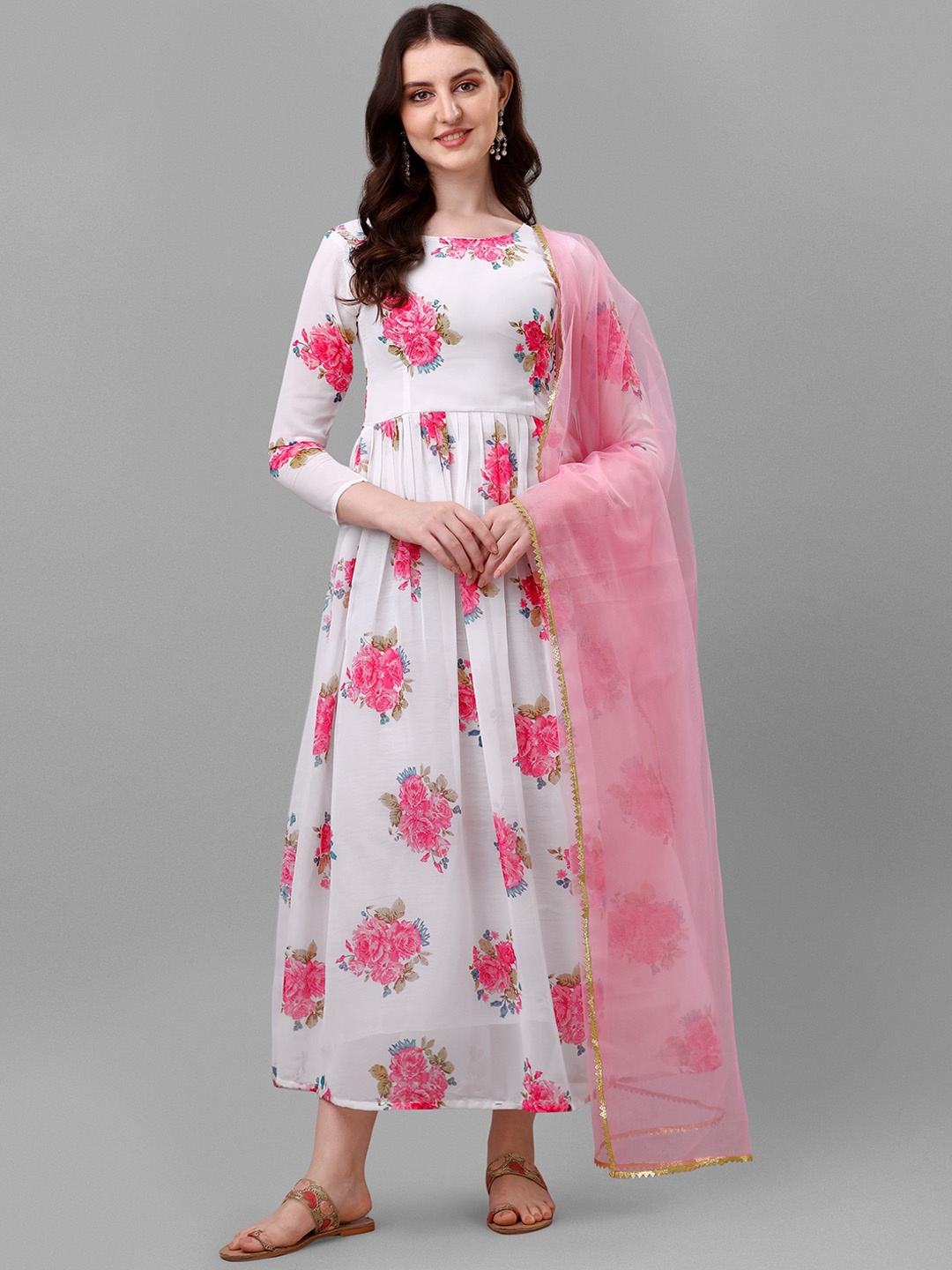 KALINI Women Floral Printed Ethnic Dress, White