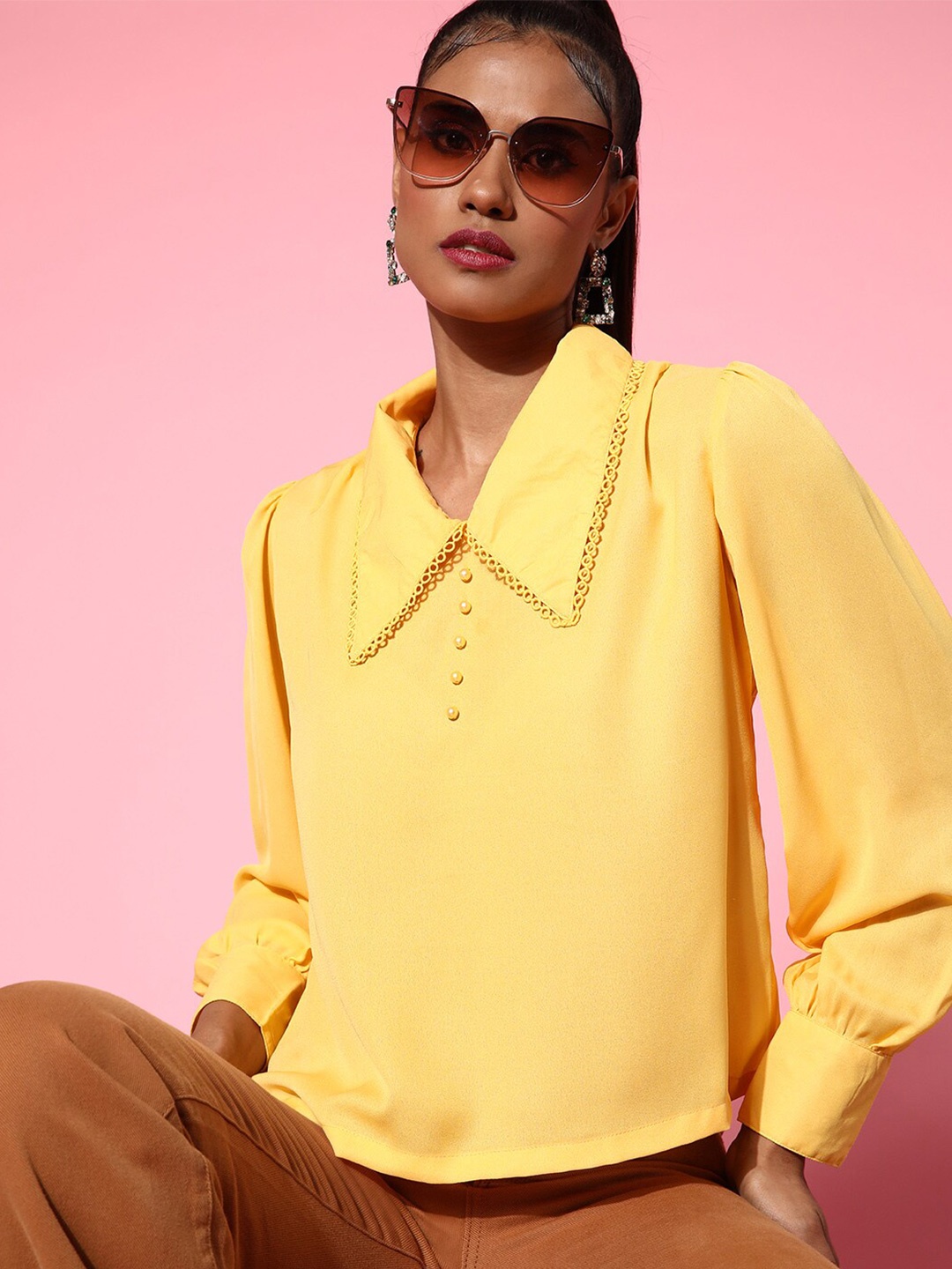 plusS Shirt Collar Shirt Style Top, Mustard