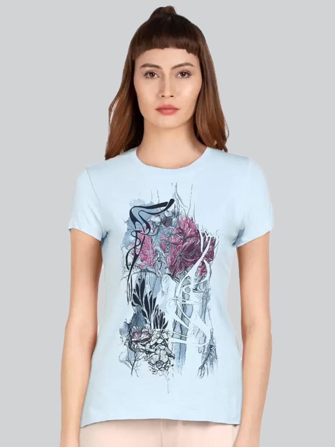 LYRA Women Graphic Printed Cotton T-shirt, Blue