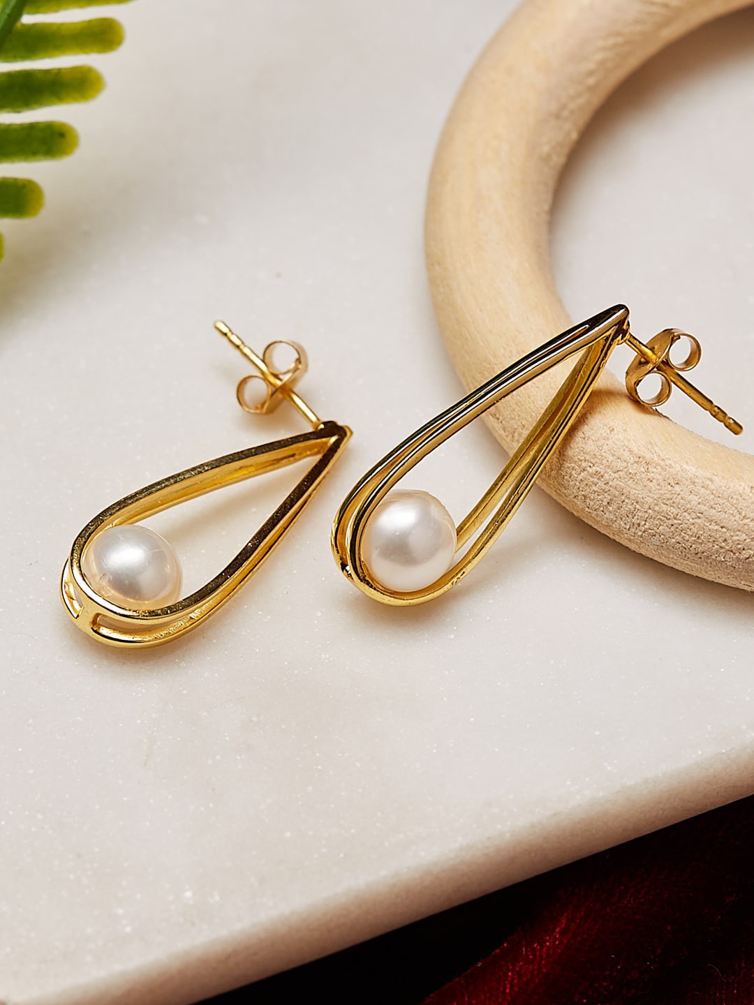 Fabindia Gold-Plated Contemporary Drop Earrings, White