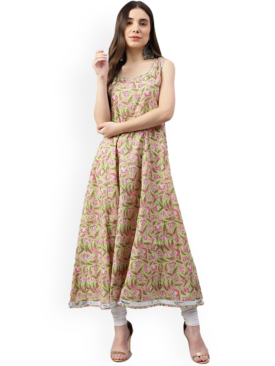 DECKEDUP Women Ethnic Motifs Printed Cotton Anarkali Kurta, Green
