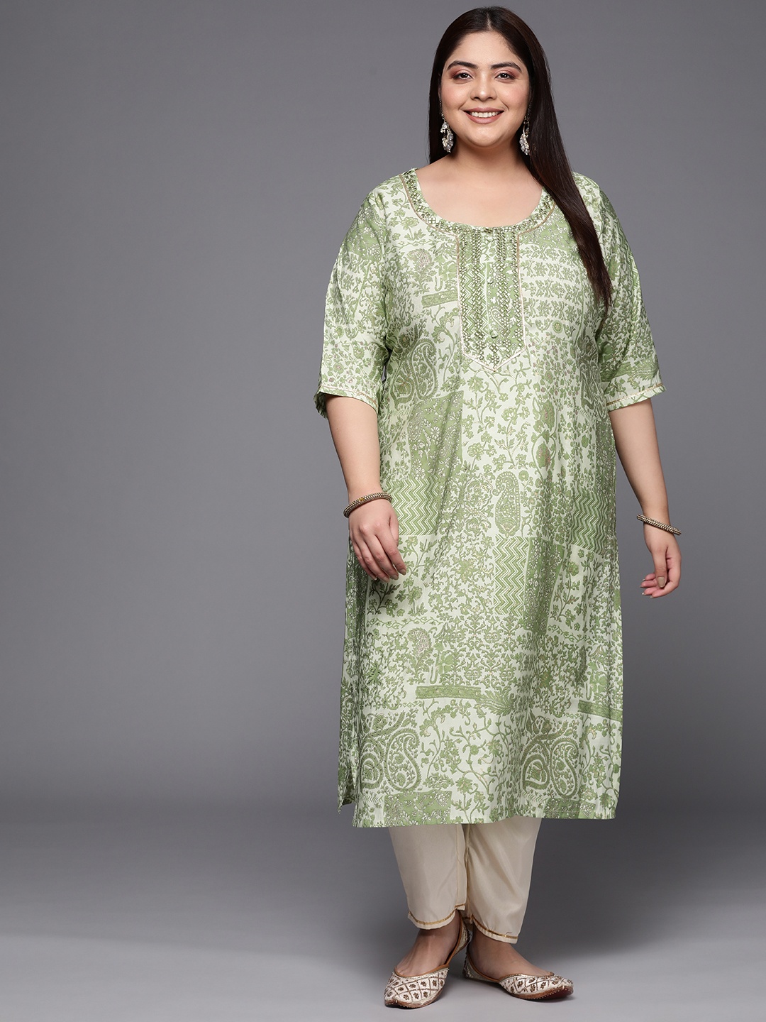 EXTRA LOVE BY LIBAS Plus Size Floral Printed Gotta Patti Kurta, Green