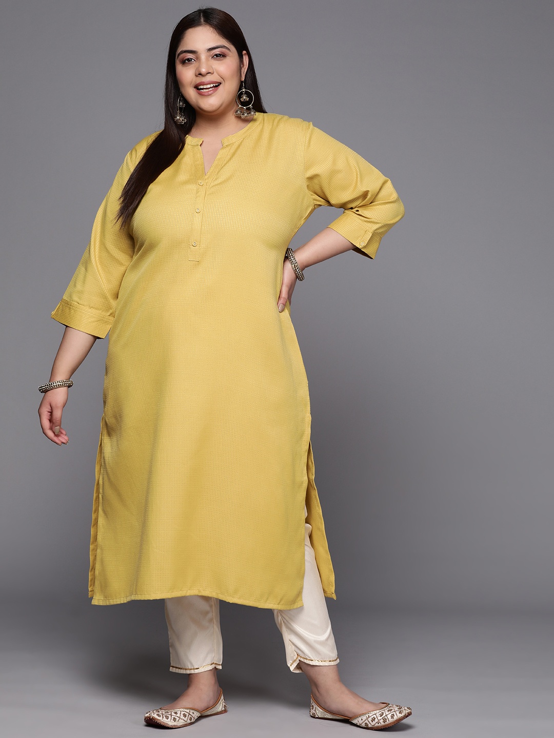 EXTRA LOVE BY LIBAS Plus Size Mandarin Collar Kurta, Lime green