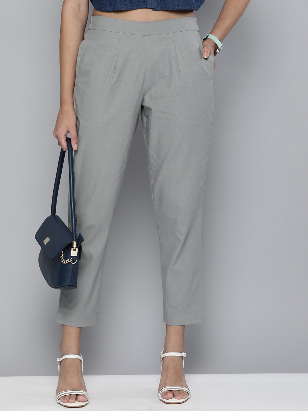 MALHAAR Women Cotton Formal Trousers, Grey