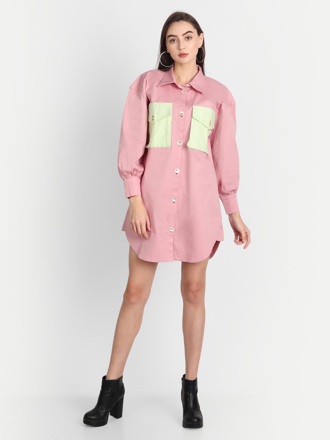 Jilmil Contrast Pocket Mini Cotton Shirt Dress, Pink